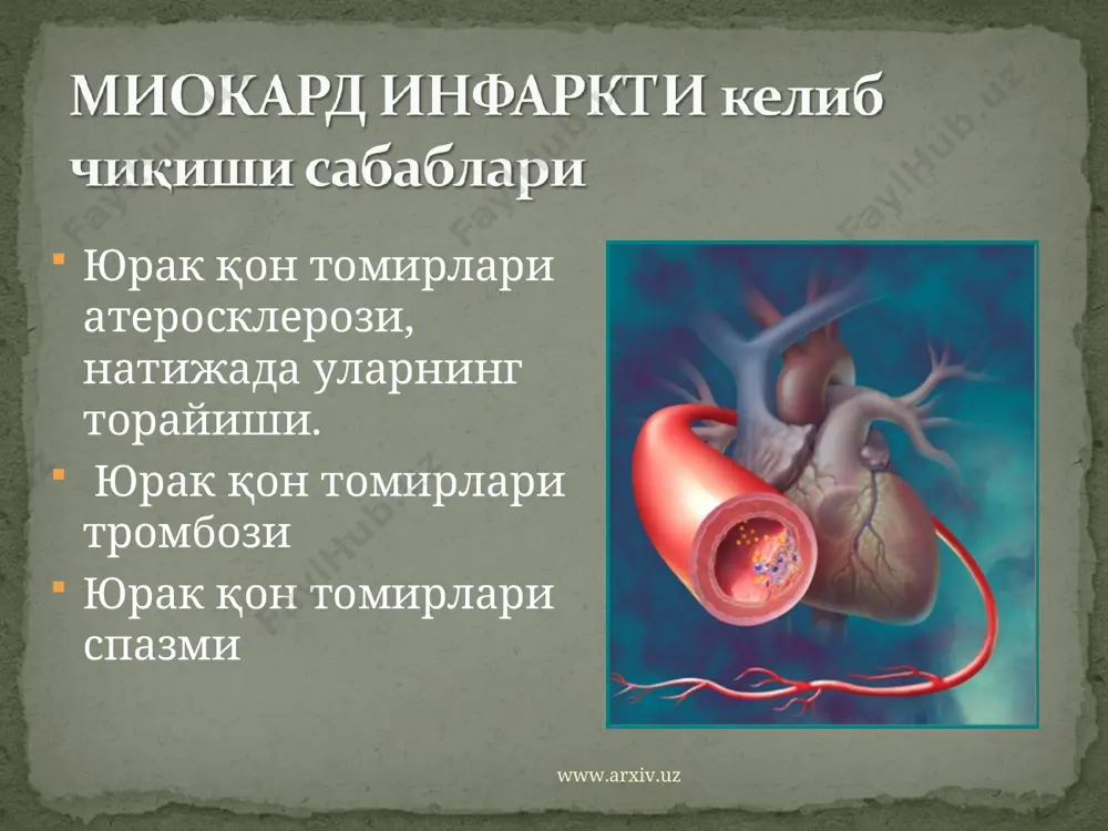 орнинг уйида тонометр - қон босимини ўлчайдиган ускуна бўлиши керак. қон босимнинг меъёри бўлиб 140/90 мм.см.уст, қандли диабетда эса 130/85 мм.см.уст хисобланади. натижада миокард инфаркти эхтимоли 15-20% га, бош мия инсульти 30-40%га камаяди. www.arxiv.uz www.arxiv.uz яқинларнинг, оила аъзолари кўмаги стресс ҳолатларидан тийилиш домий равишда қондаги холестерин ва қанд миқдорини назорат қилиш ёндош касалликларни тўлақонли даволаш адекват даво фонида шикоятларнинг сақланиб туриши ёки беморнинг холатини ёмонланишида дарҳол даволовчи шифокорга учрашиш тавсия этилади! www.arxiv.uz www.arxiv.uz бемор шуни аниқ билиши керакки шифокорларнинг даволашидан барча самарали натижалар юзага келиши унинг (беморнинг) иродасига боғлиқ. www.arxiv.uz www.arxiv.uz www.arxiv.uz www.arxiv.uz www.arxiv.uz жинс ёш гурухлари 20-29 30-39 40-49 50-59 60-69 20-69 эркаклар 16,3 88,9 335,6 960,2 2574,3 424,3 аёллар - 26,2 91,9 291,4 893,3 161,6 иккила жинс 8,5 58,4 210,0 594,9 1599,6 291,0 www.arxiv.uz www.arxiv.uz жинс ёш гурухлари 20-29 30-39 40-49 50-59 60-69 20-69 эркаклар 16,3 69,1 262,3 826,6 2102,9 350,6 аёллар - 26,2 80,4 249,7 696,3 133,2 …