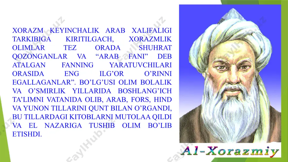 qtiradi, aks holda natija xato chiqadi, deydi u. risolaning boshlanishida xorazmiy undagi masalalar oʻz davrining amaliy talablariga javob sifatida vujudga kelganligini qayd qiladi. xorazmiyning arifmetik risolasi xii asrdayoq ispaniyada seviliyalik ioann tomonidan qayta ishlangan. keyinchalik to yangi davrgacha ovroʻpo olimlari xorazmiy risolasini qayta-qayta ishlaganlar, u asosida darsliklar yozganlar. bu qayta ishlangan nusxalar va darsliklarning nomida “algorizm kitobi” degan ibora boʻlgan. xorazmiyning “kitob surat ul-arz” asari koʻp olimlar tomonidan oʻrganilgan. lekin asar shu paytgacha toʻla ravishda birorta hozirgi zamon tiliga tarjima qilinmagan. 1983 yili olimning 1200 yillik yubileyi munosabati bilan bizda bu asarning oʻzbekcha tarjimasi xorazmiyning “tanlangan asarlari” tarkibida chop etildi. xorazmiyning yuqorida keltirilgan asarlariyoq u fanning qator tarmoqlarining asoschisi boʻlganligini koʻrsatadi. uning gʻoyalari matematika va astronomiyaning oyoqqa turishi va rivojlanishiga sabab boʻldi. hozirgi davrda uning xizmatlari jahon afkor ommasi tomonidan eʼtirof etilgan. xorazmiy asarlari dunyoning turli kutubxonalarida saqlanadi. turli gʻarb va sharq tillariga tarjima etilgan. u oʻz asarlari, ixtirolari bilan …