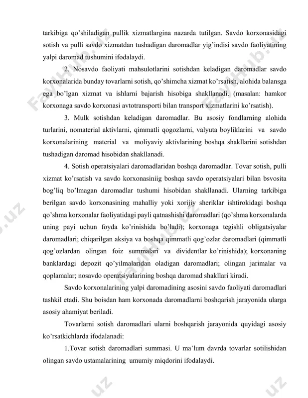 iy tovar aylanishi hajmi 3.savdo ustamasining o’rtacha darajasi. u quyidagi formula bilan aniqlanadi: bunda, dsu - savdo ustamasining o’rtacha darajasi (%larda) ds va slar yuqorida aytib o’tilganidek. tovar sotishdan keladigan daromadlar summasi uch asosiy omilga bog’liq ravishda shakllanadi: a) yetkazib beruvchilardan olinadigan tovar narxi. iste’mol bozoridagi tovar taklifi doirasida bu narxlar odatda ma’lum kenglikda o’zgarib turadi. savdo korxonasi uchun eng ma’qul narxlar tanlovi, yetkazib berishning boshqa shartlarini ham hisobga olgan holda, turli yetkazib beruvchilardan tovarlarni sotib olish bo’yicha savdolar samaradorligini asoslash jarayonida amalga oshiriladi; b) xaridorlarga tovar sotish darajasi. savdo korxonalarida bu darajani alohida tovarlar bo’yicha ularga bo’lgan alohida talab holati, ularni sotish bo’yicha savdo harajatlari darajalarini, ularga bo’lgan soliqni, foydaning maqsadli summasini ta’minlash zaruriyatlarini hisobga olgan holda o’rnatiladi. bu omillar turli tumanligi va ularni kompleks hisobga olish murakkabligi uchun savdo korxonalarida shunga mos ravishda "narx siyosatini" shakllantirish zaruriyatini tug’diradi; v) tovar sotish hajmi. bu ko’rsatkichning butun savdo korxonasi bo’yicha …
