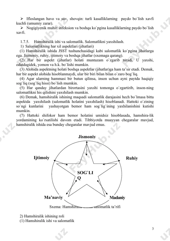 2. yosh: · ma’lumki, muayyan yoshda u yoki bu kasallikning paydo bo`lish xavfi kuchli bo`ladi. misol: o`rta va katta yoshda saraton va yurak – qon-tomir tizimi kasalliklarining paydo bo`lishi xavfi kuchayadi. 3. jismoniy omil: · semirishda bel og`riqlari va qon aylanish tizimi kasalliklarining paydo bo`lishi xavfi yuqori bo`ladi. 4. turmush tarzi: · spirtli ichimliklarni ko`p iste’mol qilish, chekish, jismoniy faollikning yetishmasligi, bir xil ovqatalnish va boshqalar sog`liq uchun xavf tug`diradi. 5. atrof muhit: · zararli kimyoviy moddalar bilan ishlaydigan ishchilarda saraton, nafas olish a’zolar kasalliklari va boshqa kasalliklarning paydo bo`lish xavfi yuqori bo`ladi. · ifloslangan havo va suv, shovqin: turli kasalliklarning paydo bo`lish xavfi kuchli (umumiy zarar). · nogigiyenik muhit: infeksion va boshqa ko`pgina kasalliklarning paydo bo`lish xavfi. 1.7.5. hamshiralik ishi va salomatlik. salomatlikni yaxshilash. 1) salomatlikning har xil aspektlari (jihatlari) (1) hamshiralik ishida jsst tushunchasidagi kabi salomatlik ko`pgina jihatlarga ega. jismoniy, ruhiy, ijtimoiy va boshqa jihatlar (sxemaga qarang). (2) …