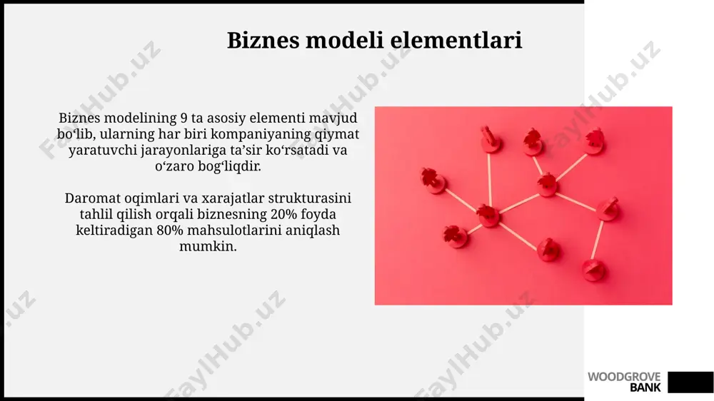 yildan ortiq muddatga cho'zilishi mumkin. woodgrove bank mijozlar bilan munosabatlar mijozlarning fikr-mulohazalarini muntazam ravishda to'plash va tahlil qilish orqali mahsulotlar va xizmatlarni takomillashtirish, natijada 10% gacha foydani oshirishga olib kelishi mumkin. mijozlarga individual yondashuv va shaxsiylashtirilgan xizmatlar taklif qilish orqali mijozlarning saqlanib qolish koeffitsiyentini 15% gacha oshirish mumkin, bu esa marketing xarajatlarini kamaytiradi. woodgrove bank kanallar янги канални йўлга қўйишдаги ўртача инвестиция 50,000 aqsh dollariни ташкил этади ва бу 6 ой ичида ўзини оқлаши кутилмоқда. онлайн ва оффлайн каналлар орқали сотишдаги фоиз нисбати тахминан 70/30 бўлса, бу компаниянинг диверсификациялашган стратегиясини кўрсатади. woodgrove bank e'tiboringiz uchun rahmat @taqdimot_robot woodgrove bank image1.jpg image2.jpg image3.jpg image4.jpg image5.jpg image6.jpg image7.jpg image8.jpg image9.jpg image10.jpg image11.jpg image12.jpg