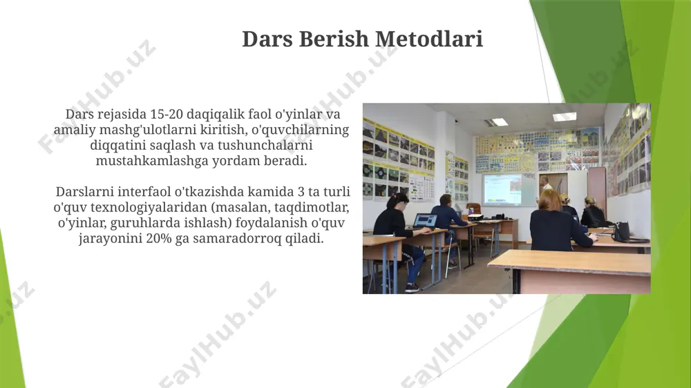 yangi pedagogik texnologiyalarni qo'llash bo'yicha amaliy mashg'ulotlar o'tkazishi tavsiya etiladi. muammoli taʼlim muammoli vaziyatlarni qoʻllash orqali oʻquv jarayonida 4 bosqichli (taʼrif, tahlil, sintez, baholash) strategiyasi qoʻllanilib, oʻquvchilarning chuqur tushunishini taʼminlaydi. muammoli taʼlimda oʻquvchilarning 70% dan ortigʻi mustaqil fikrlash va muammolarni hal qilish koʻnikmalarini rivojlantiradi, bu esa ularning akademik natijalariga ijobiy taʼsir koʻrsatadi. oʻz-oʻzini baholash va refleksiya oʻz-oʻzini baholash jarayoni, kamida 3 ta aniq mezon (masalan, bilim, koʻnikma va munosabat) asosida oʻquvchilarning oʻz ishlarini 5 ball shkalasi boʻyicha baholashni oʻz ichiga oladi. samarali refleksiya, oʻquv jarayonining 70% dan ortiq qismini qamrab oladigan, xatolarni tahlil qilish, kuchli va kuchsiz tomonlarni aniqlash va kelajakdagi strategiya rejalashtirishni o'z ichiga oladi. kritik fikrlashni rivojlantirish o'quv jarayonida debating va muloqot o'yinlarini qo'llash orqali, talabalarning argumentatsiya qobiliyatlari 15% ga yaxshilanib, mantiqiy xulosalar chiqarish ko'nikmalari rivojlanadi. kritik fikrlashni rivojlantirishda 5 dan ortiq manbani tahlil qilish, talabalarning muloqot va bahs-munozaralarga bo'lgan qiziqishini 20% ga oshiradi va mustaqil fikrlash ko'nikmalarini …
