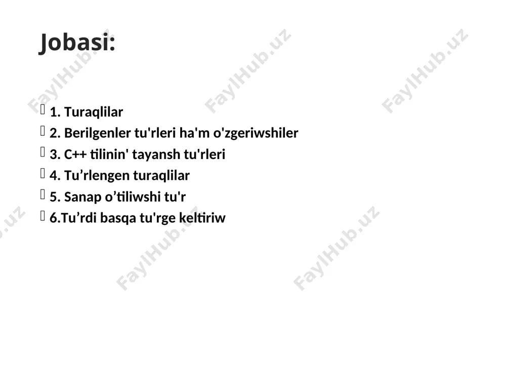 'sal boladi': 'e', '@', '7', 'z', 'w', '+', 'sh', '*', 'a', 's' qatar turaqlilar yeki ti'rnaqsha(“, ”) ishine ali'ng'an belgiler izbe-izligi qatar turaqli dep ataladi': “bul qatar turaqli ha’m woni'n' ati' string\n” qatar ishinde escape izbe-izligi da isletiliwi mu'mkin, tek bul izbe-izlik apostrofsi'z jazi'ladi'. probel menen aji'rati'p jazi'lg'an qatarlar kompilyator ta'repinen birden-bir qatarg'a jalg'anadi' : “qatar-bul belgiler massivi” /* bul qatar keyingi qatarg'a qosi'ladi' */ “, woni'n' tu'ri char[]”. bul jazi'wg'a “qatar-bul belgiler massivi, woni'n' tu'ri char[]” jazi'wi' menen ekvivalent yesaplanadi'. berilgenler tu'rleri ha'm o'zgeriwshiler programma atqari'li'wi' waqti'nda qanday da berilgenlerdi saqlap turi'w ushi'n o’zgeriwshiler ha'm turaqlilardan paydalani'ladi'. o’zgeriwshi-programma obyekti boli'p, yaddag'i' bir neshe yacheykalardi iyeleydi ha'm berilgenlerdi saqlaw ushi'n xi'zmet yetedi. o’zgeriwshi atqa, wo'lshemge ha'm basqa atributlarg'a-ko'rinis oblasti’, a'mel yetiw waqi'ti' ha'm basqa ayri'qshali'qlarg'a iye boladi'. o’zgeriwshilerdi isletiw ushi'n olar a'lbette dag'aza yetiliwi kerek. c++ tilinin' tayansh tu'rleri tu'r ati' baytlardag’i’ wo'lshemi ma’nis shegarasi' bооl 1 true yamasa false …