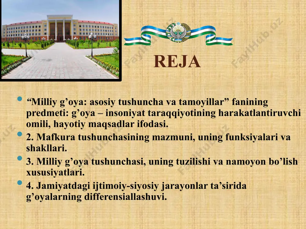 haqida»gi qaroriga ko’ra 2000-2001 o’quv yilining 2-choragidan e’tiboran umumiy o’rta ta’lim muassasalarining o’quv rejasidagi 7-9-sinflar uchun «ma’naviyat asoslari» o’rniga «milliy g’oya va ma’naviyat asoslari» o’quv fani joriy etildi. 2000 yil 9 oktyabrda xalq ta’limi, oliy va o’rta maxsus ta’lim vazirliklari bu masalani yana bir bor ko’rib chiqib uni hayotga joriy qilish uchun zaruriy ishlarni belgilab oldilar. 2001-yil 18-yanvarda o’zbekiston prezidentining «milliy g’oya: asosiy tushuncha va tamoyillar» fani bo’yicha ta’lim dasturlarini yaratish va respublika ta’lim tizimiga joriy etish to’g’risida»gi farmoyishi qabul qilindi. shuningdek, 2006-yil 25-avgustda o’zbekiston respublikasi prezidentining «milliy g’oya targ’iboti va ma’naviy-ma’rifiy ishlar samaradorligini oshirish to’g’risida» qarori qabul qilindi. мilliy yuksalish- prezidentimiz sh.m.mirziyoyev o’zbekiston respublikasi mustaqilligining yigirma sakkiz yilligiga ba’g’ishlangan tantanali marosimdagi nutqidan https://uza.uz/oz/politics/president-shavkat-mirziyoyevning-nutqi-31.08.2019. bugun o’zbekiston o’z taraqqiyotining yanga bosqichiga dadil qadam qo’ymoqda. mamlakatimizni modernizatsiya qilish, inson huquq va erkinliklarini, qonun ustuvorligini ta’minlash asosida o’zbekistonning yangi, demokratik qiyofasi yaratilmoqda. bu borada harakatlar strategiyasida belgilab berilgan “milliy tiklanishdan – milliy yuksalish …