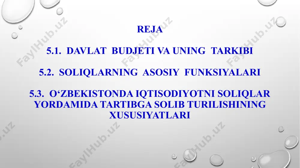 madlarining manbalari bo‘lib hisoblanadi: 1. soliqlar, yig‘imlar, bojlar va boshqa majburiy to‘lovlar. 2. davlatning moliyaviy va boshqa aktivlarini joylashtirilishi, foydalanishga berilishi va sotilishidan olingan daromadlar. 3. meros olish, hadya etish huquqi bo‘yicha davlat mulkiga o‘tgan pul mablag‘lari. 4. yuridik va jismoniy shaxslardan, shuningdek, xorijiy davlatlardan kelgan qaytarilmaydigan pul tushumlari. 5. rezident-yuridik shaxslarga va chet el davlatlariga berilgan budjet ssudalarini qaytarish hisobiga tushadigan to‘lovlar va boshqalar. davlat budjeti xarajatlarining tarkibi. davlat budjeti xarajatlari quyidagi yo‘nalishlarda sarflanadi: 1. budjet mablag‘lari oluvchilarning joriy xarajatlari. 2. joriy budjet transfertlari. 3. kapital xarajatlar. - asosiy fondlar va vositalarni (ular bilan bog‘liq ishlar va xizmatlar ham shular jumlasiga kiradi) davlat ehtiyojlari uchun olish va takror ishlab chiqarish; - chet elda davlat ehtiyojlari uchun yer va boshqa mol-mulk olish; davlat ehtiyojlari uchun yerga bo‘lgan huquqni va boshqa nomoddiy aktivlarni olish; - davlat zahiralarini vujudga keltirish; 4. kapital xarajatlarni qoplash uchun yuridik shaxslarga beriladigan budjet transfertlari - rezident-yuridik …