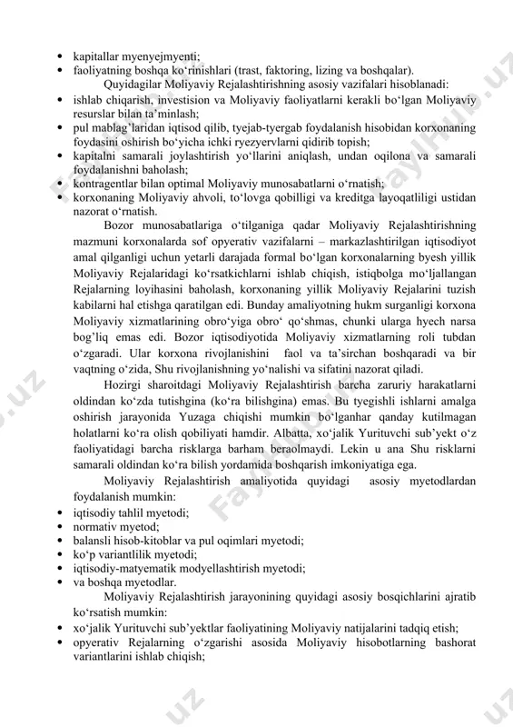orxona moliyaviy xizmatlarining obrо‘yiga obrо‘ qо‘shmas, chunki ularga hyech narsa bog’liq emas edi. bozor iqtisodiyotida moliyaviy xizmatlarning roli tubdan о‘zgaradi. ular korxona rivojlanishini faol va ta’sirchan boshqaradi va bir vaqtning о‘zida, shu rivojlanishning yо‘nalishi va sifatini nazorat qiladi. hozirgi sharoitdagi moliyaviy rejalashtirish barcha zaruriy harakatlarni oldindan kо‘zda tutishgina (kо‘ra bilishgina) emas. bu tyegishli ishlarni amalga oshirish jarayonida yuzaga chiqishi mumkin bо‘lganhar qanday kutilmagan holatlarni kо‘ra olish qobiliyati hamdir. albatta, xо‘jalik yurituvchi sub’yekt о‘z faoliyatidagi barcha risklarga barham beraolmaydi. lekin u ana shu risklarni samarali oldindan kо‘ra bilish yordamida boshqarish imkoniyatiga ega. moliyaviy rejalashtirish amaliyotida quyidagi asosiy myetodlardan foydalanish mumkin: · iqtisodiy tahlil myetodi; · normativ myetod; · balansli hisob-kitoblar va pul oqimlari myetodi; · kо‘p variantlilik myetodi; · iqtisodiy-matyematik modyellashtirish myetodi; · va boshqa myetodlar. moliyaviy rejalashtirish jarayonining quyidagi asosiy bosqichlarini ajratib kо‘rsatish mumkin: · xо‘jalik yurituvchi sub’yektlar faoliyatining moliyaviy natijalarini tadqiq etish; · opyerativ rejalarning о‘zgarishi asosida moliyaviy hisobotlarning …