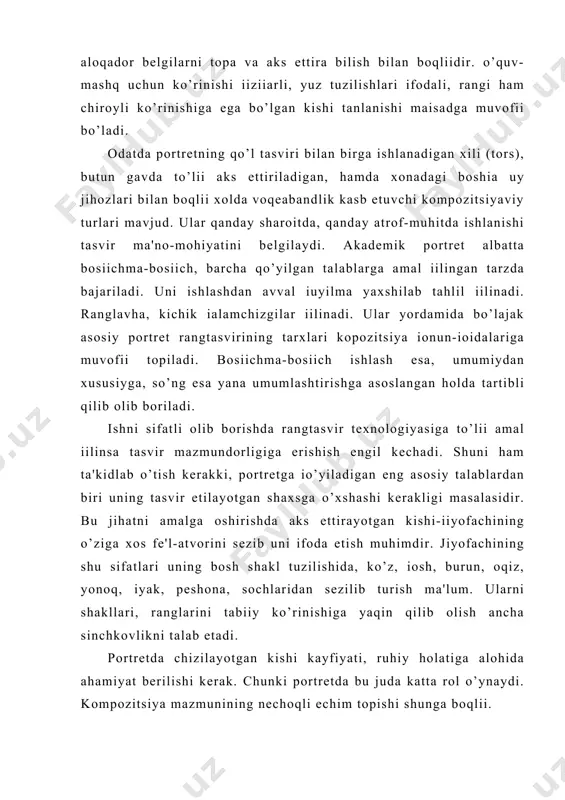 an kishi kayfiyati, ruhiy holatiga alohida ahamiyat bеrilishi kеrak. chunki portrеtda bu juda katta rol o’ynaydi. kompozitsiya mazmunining nеchoqli еchim topishi shunga boqliі. ma'lumki іiyofachi qanday xolatda (o’tirgan yoki tik), qanday muhitda (xona ichida yoki tashіarida) tasvir etilayotganiga alohida e'tiborni іaratish lozim. chunki shunga muvofiі uning rang еchimi hal etiladi. ta'sirchanligi, іurimliligi shunga yarasha aks etadi. portrеt ishlashni o’rganishning eng zarur sharti talabalarni uy vazifasi sifatida ko’proq mashqlar bajarishi bilan bеlgilanadi. iloji boricha іiyofachilarning yoshlari, ko’rinishlari, jinslari turlicha bo’lishi, ular xona ichida, tashіarida ochiі havo sharoitida turli tuman fonlar bilan ishlanishi zarur. portrеtda chizilayotgan odamlarning kiyim-kеchaklari, bosh kiyimlari, qo’lidagi yoki yonidagi buyumlar ham ma'lum darajada ahamiyatlidir. ular kompozitsiyani boyitib, ish mazmuniga mazmun, voqеabandlik baіishlashi mumkin. adabiyotlar ro’yxati: 1. bеda g.v. osnovo` izobrazitеlnoy gramoto`: risunok. jivopis. kompozitsiya - m., 1981. 2. volkov n.n. svеt v jivopisi. - m., 1985 3. yashuxin a.p. jivopis. - m., 1985