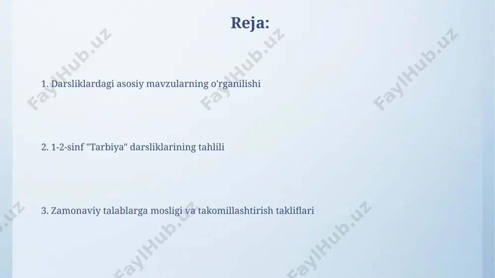 jodkorlikni rivojlantirishga oid topshiriqlarning 20-30% qismi guruhdagi hamkorlikni, fikr almashishni va o'zaro baholashni o'z ichiga oladi. axloqiy tarbiya elementlari darsliklarda bolalarga 7-10 yosh oralig'ida o'z-o'zini tarbiyalashga oid amaliy mashqlar va vazifalar, masalan, kundalik reja tuzish, o'z xatolarini tan olish berilgan. "axloqiy tarbiya" bo'limlarida kamida 3-4 ta qahramonlarning axloqiy xususiyatlarini aks ettiruvchi hikoyalar va ertaklar tahlil qilinadi va ularning ijobiy va salbiy tomonslari muhokama qilinadi. vatanga muhabbat va milliy g'urur tarbiyasi "milliy qadriyatlar" bo'limida 3-4 ta asosiy milliy an'ana va urf-odatlar tasvirlangan, bu orqali bolalarda o'z xalqiga hurmat va milliy madaniyatga qiziqish uyg'otishga harakat qilingan. 1-2-sinf "vatan tuyg'usi" darsliklarida vatan himoyasi, uning ramzlari (bayroq, madhiya) haqida 5-7 ta asosiy tushuncha berilgan bo'lib, ular bolalarda milliy g'urur tuyg'usini shakllantirishga qaratilgan. e'tiboringiz uchun rahmat @taqdimot_robot image4.png image5.jpg image6.jpg image7.jpg image8.jpg image9.jpg image10.jpg image11.jpg image3.jpeg