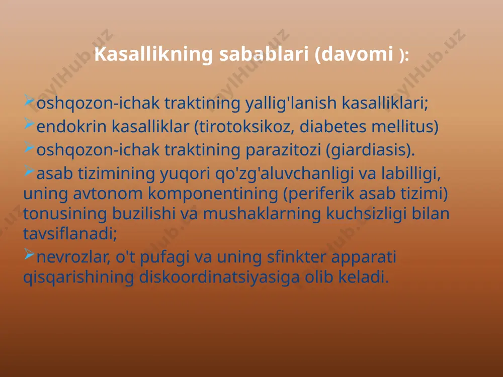 therococcus ekstrakti, aralia damlamasi, magniy laktat bilan birgalikda piridoksin. xolekinetik vosita sifatida (safro chiqishini ko'paytiruvchi) kolba paytida, xom tuxum sarig'i (1-2 dona), iliq o'simlik moylari, har biri 15-30 ml, 25% sorbitol yoki ksilitol eritmasi, har biri 30-50 ml va lavlagi sharbati. , har biri 30-50 ml, foydalanish mumkin 50-100 ml. bunday holda, siz foydalanmasligingiz kerak isitish pedi , chunki mahalliy termal protseduralar antispazmodik ta'sirga ega. gipokinetik-gipotonik diskineziya bilan davolash: intrahepatik kolestaz uchun naychalar haftasiga 1-2 marta amalga oshiriladi (o't yo'llarining probsiz drenaji yoki "ko'r" zondlash). bemorga tizzalari bukilgan holda o‘ng tarafdagi karavot yoki divanga yotqiziladi, xoleretik dorilardan biri yarim soat ichida ichiladi: 2 stakan atirgul yoki makkajo‘xori shoyi qaynatmasi yoki 1 stakan 25% li magniy sulfat eritmasi yoki 1- 40-45° gacha qizdirilgan 2 stakan mineral suv va hokazo. safro sekretsiyasini kuchaytirish uchun o'ng gipoxondriya sohasiga isituvchi prokladka qo'ying. jarayonning davomiyligi 1 1/2 -2 soat . kuniga 2-3 marta ovqatdan 30-60 …