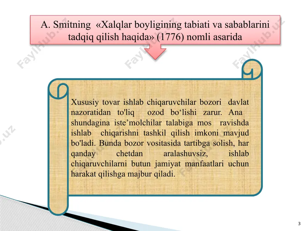 a solishning maqsadi - iqtisodiy va ijtimoiy barqarorlikni ta’minlash, iqtisodiy tizimni mustahkamlash va uni o‘zgarib turuvchi sharoitga moslashtirish. davlatning iqtisodiy vazifalari - iqtisodiy tizimning amal qilishiga shart-sharoit yaratish va iqtisodiyotni tartibga solish hamda iqti­sodiy o‘sishni ta’minlashga qaratilgan chora-tadbirlar. 7 8 bozor xo‘jaligi sharoitida davlatning iqtisodiy vazifalari huquqiy asos va ijtimoiy muhitni ta’minlash; raqobatni himoya qilish. davlatning boshqa vazifalari daromadlar tengsizligini kamaytirish; resurslarni qayta taqsimlash; iqtisodiyotni barqarorlashtirish. 9 huquqiy asosni ta’minlash vazifasi o‘zbekiston respublikasining «korxonalar to‘g‘risida», «tadbirkorlik faoliyati to‘g‘risida» va «aksionerlik jamiyatlari to‘g‘risida»gi qonunlari hamda ularga kiritil­gan qo‘shimcha va tuzatishlar, mulkni davlat tasarrufidan chiqarish va xususiylashtirish bo‘yicha tadbirlari ijtimoiy muhitni ta’minlash vazifasi davlat tomonidan ichki tartibni saqlash, mahsulot sifati va og‘irligini o‘lchash standartlarini belgilash, tovar va xizmatlar ayirboshlashni yengillashtirish uchun milliy pul tizimini muomalaga kiritish 10 raqobatni himoya qilish vazifasi bozor munosabatlari rivojlangan sharoitda monopoliyalar us­tidan ikki usulda nazorat o‘rnatiladi birinchi usulda, tabiiy monopoliyalar deb nomlanadigan tarmoqlarda davlat narxlarni tartibga soladi …