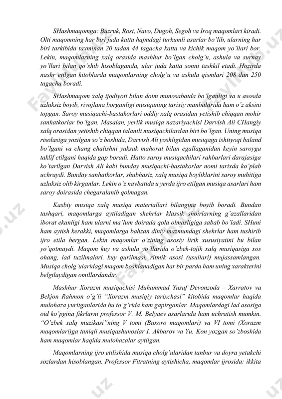 aytiladigan shehr matnlari orasida xvii-xviii asrlarda ijod etgan o’zbek-tojik klassik shoirlari – bedil, mashrab, sayido, zebuniso, nozim kabilarning g’azallari ham foydalanilganligi yuqoridagi to’plam xvi asrga aloqasi yo’qligini isbotlaydi. demak, xix asrda shashmaqom o’zbek va tojik xalqlari orasida tarqalgan, xviii asrda esa uzil-kesil shakllangan edi, degan xulosaga kelish mumkin. qadimiy madaniyat markazlaridan biri – buxoro bir qancha sulola va davlatlar poytaxti bo’lib kelgan. musiqa madaniyatida ham buxoro o’rta osiyo xalqlari musiqa boyliklarini o’zida mujassamlashtirgan markaziy shahar vazifasini o’tagan edi. shuning uchun shashmaqom buxoroda shakllandi va “buxoro shashmaqomi” deb ataldi. shuni ham aytish lozimki, shashmaqomni o’rta osiyodagi ma’lum bir sheva nuqtai nazaridan qarash noto’g’ridir. maqom turkumlari umuman xalq musiqa boyliklari bazasida yaratilgan edi hamda ular asosida doimo boyib va takomillashib borgan hamda o’z navbatida xalq musiqa madaniyati taraqqiyotiga barakali ta’sir ko’rsatgan. shashmaqom, maqom janrining taraqqiy ettirilgan eng so’nggi shakli sifatida, bastakorlik sanhatining va yuqoridagi musiqa risolalarida ko’rsatilgan kuy turi va shakllarining rivojlantirilishi …