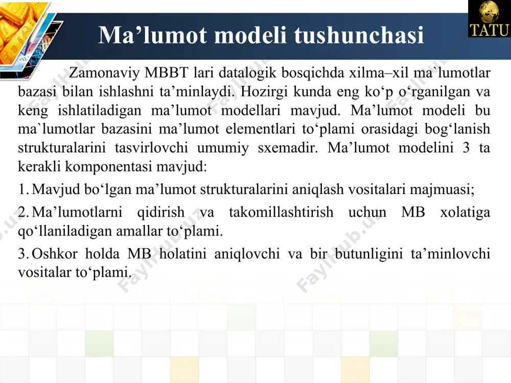 ektlardan to`plangan yirik ob’ekt deb qarash mumkin. ushbu chizmada boglanishlarni tarmoqli modelda tasvirlanishi keltirilgan. mbbt modellari tarmoqli mb turida ma’lumotlar bilan quyidagi ishlarni bajarish mumkin. mb yozuvlarini qidirish yangi yozuvni yaratish joriy yozuvni olib tashlash joriy yozuvni tiklash yozuvni bog`lanishga qo`shish yozuvni boglanishdan olib tashlash bog`lanishlarni o`zgartirish relyatsion model relyatsion modelda ma`lumotlar jadval ko`rinishida taqdim etiladi jadval qatorlari – ma`lumotlar, ustunlari esa alohida maydonlar hisoblanadi. xizmatchi nomeri f.i.sh unvoni tugilgan yili mutaxassis kodi mansab maosh xn fish un ty mk mb msh 2518 valiev s.p. t.f.n. 1985 pm dots 260000 2567 soliev i.t. t.f.d. 1987 evm prof. 360000 3245 aliev s.i. t.f.n. 1988 pm ilm.xodim 280000 3267 boriev a.o. akad. 1982 asu prorek. 400000 relyatsion ma`lumotlar bazasi relyasion mb – o‘zaro bog‘langan jadvallardan iborat. har bir jadval bir turdagi ob’ektlar to`g‘risida ma’lumotlarni o‘z ichiga oladi. barcha shunday jadvallar to‘plami mb tashkil etadi. mb tashkil etuvchi jadvallar tashqi xotira kataloglarida fayl …