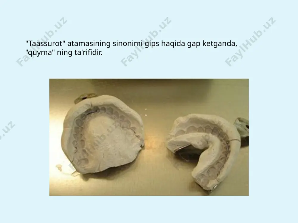 sh uchun zarurdir. qolipyuzasida pufakchalar, teshiklar, qavslar va boshqa nuqsonlar bo'lmasligi kerak. qolip tish yoki alveolyar jarayonning ko'rinishi qoshiqning yon tomonlari orasidagi o'rtada joylashgan bo'lishi kerak. qolipning qirralari aniq belgilangan bo'lishi kerak. qolip ashyolari qattiq elastik qaytariladigan qaytarilmas 1. silikon alginat (gidrokolloid) termoplastik gips sink oksidi evgenol 2. tiokol; 3.polyester; 4. polyanfin; 5. polietil альгинатная масса o'lchov idishi va qoshiqdan foydalanib, maxsus spatula bilan rezina chashka bilan nisbati. 1:1 - suv: kukun альгинатная масса . tish plasterlari, investitsion va silikon massalari, tish izlari materiallarini aralashtirish uchun vakuumli mikser альгинатная масса ushbu massa bilan ishlab chiqarish uchun qolip olinadi: shaxsiy qoshiqlar; to'liq va qisman olinadigan lamelli protezlar; shtamplangan tojlar/ko'priklar; vaqtinchalik tojlar (laboratoriya usuli); diagnostika modellari. alginat massalarining afzalliklari: foydalanish qulayligi; tayyor modelni taassurotdan chiqarish qulayligi; yuqori elastiklik; nisbatan arzonligi; og'iz bo'shlig'i to'qimalarining aniq xaritasi (ba'zi protezlar uchun); yoqimli ta'm alginat massalarining kamchiliklari: bir qismli quyma konstruktsiyalarni ishlab chiqarish uchun etarli darajada …