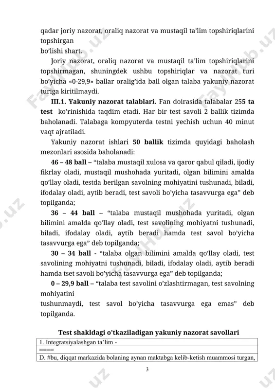 yo’l qo’ymaslik ==== d. o’qish jarayonida o’zlarining turli ehtiyojlarga ega individum ekanliklarini anglaydilar ++++ 2. jismoniy integratsiya ==== a. #integratsiyaning bu shakli nogiron na nogiron bo’lmagan bolalar o’rtasidagi jismoniy farqni kamaytirishga qaratilgan ==== b. maxsus yordamga muxtoj bolalarning rivojlanish diagnostikasi, tashxisini amalga oshirish zarur shart-sharoitlarni yaratish ==== c. maxsus yordamga muxtoj bolalarning ta’lim-tarbiyasi uchun zarur shart-sharoitlarni yaratish tashxisini amalga oshirish ==== d. maxsus yordamga muxtoj bolalar maxsus muassasalariga aralash bolaning ta’lim-tarbiyasi uchun shart-sharoitlarni yaratish ++++ 3. imkoniyati cheklangan bolalarni umumta’lim muassasalarida o’qitish va ular uchun qulay sharoitlar yaratish masalasi qaysi qonunlarda qayd etilgan. ==== a. #o’zbekiston respublikasi konstitutsiyasi va «bola huquqlarini kafolati to’g’risida»gi qonunning 29-moddasida ==== b. o’zbekiston respublikasi ta’lim to’g’risidagi qonunda ==== c. ta’lim to;g;risidagi qonunda ==== d. imkoniyatlari cheklangan bolalar uchun asosiy ta’lim» loyihasini amalga oshirish bo’yicha hisobotida ++++ 4. o’zbekiston respublikasi ta’lim to’g’risidagi qonunning qaysi moddasi maxsus yordamga muxtoj nuqsoni bolalarga ajratilgan. a. #23 modda b. 40 …