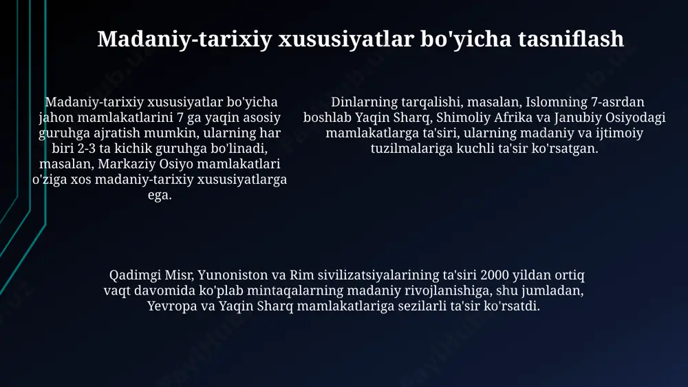 lariga kiradi. germaniya va fransiya kabi davlatlar fuqarolik huquqi tizimiga ega bo'lib, qonunlarning aniq va tizimli ko'rinishini ta'minlaydi, aksincha buyuk britaniya kabi mamlakatlarda odatiy huquq rivojlangan. iqtisodiy rivojlanish darajasi bo'yicha tasniflash 2023-yilgi ma'lumotlarga ko'ra, jahon banki tomonidan 190 dan ortiq mamlakat iqtisodiy rivojlanish darajasi bo'yicha past daromadli, o'rta daromadli va yuqori daromadli guruhlarga bo'lingan bo'lib, bu tasniflashda yaim, aholining jon boshiga daromadi va boshqa ko'rsatkichlar inobatga olingan. afrika mamlakatlarining ko'pchiligi past daromadli yoki o'rta daromadli mamlakatlar toifasiga kiradi va bu mintaqada iqtisodiy tengsizlikni kamaytirish uchun jiddiy harakatlar talab etiladi, masalan, nigeriya va kongo demokratik respublikasida. xitoy kabi ayrim mamlakatlar tez iqtisodiy o'sishni boshdan kechirib, o'rta daromadli mamlakatlar toifasidan yuqori daromadli mamlakatlar toifasiga o'tish arafasida turibdi, bu esa jahon iqtisodiy xaritasini sezilarli darajada o'zgartiradi. tabiiy resurslarga boyligi bo'yicha tasniflash afrika qit'asining ko'plab mamlakatlari, masalan, kongo demokratik respublikasi va botsvana, minerallarga boy bo'lsa-da, ularning iqtisodiy rivojlanishi past darajada qolmoqda, bu resurslarni samarali …