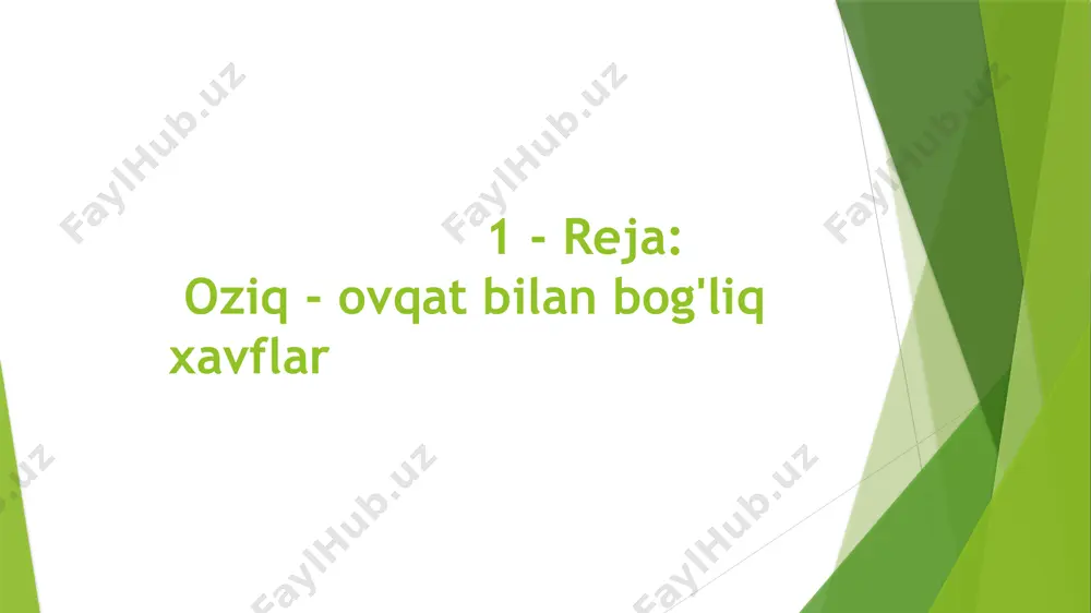 rmasiyaga uchrab toksiklikni oshirishi mumkin. ushbu xavflarni og’irligi ularni ta’sir muddati va darajasiga ko’ra keng chegaralarda o’zgaradi. tashqi muhitdan kelib tushayotgan ifloslanishlar effektini paydo bo’lish chastotasini miqdoriy baholash qiyin. buni faqat bilvosita, ya’ni toksiklik haqidagi ma’lumotlarni ushbu moddalarni oziq-ovqat mahsulotlarida aniqlashda olingan ekspozisiya ma’lumotlari bilan solishtirish yo’li bilan ifodalash mumkin. tabiiy sharoitda oziq-ovqat mahsulotlarida mavjud bo’lgan bir necha yuz ming birikmalarni qisman kelib chiqishi mikrobli moddalarga va qisman tashqi muhitdan kelib tushayotgan ifloslanishlar guruhiga tegishli deb topilishi mumkin. ammo, ularni oziq-ovqat mahsulotlaridagi muhim ahamiyatini hisobga olgan holda alohida xavf guruhiga jamlash ma’quldir. bunday moddalarni unchalik katta bo’lmagan qismi ma’lum bo’lib, ularni ichida ham o’tkir va surunkali toksik ta’sirga ega bo’lgan birikmalar mavjud. bu birikmalarga o’simlik mahsulotlarida uchraydigan moddalarni katta sinfi tegishli (shpinatdagi oksalatlar, kartoshkadagi glikoalkoloidlar, zamburug’ zaharlari va boshqalar). bu moddalarga, shuningdek mikroelementlar va zamburug’lar bilan zararlanishga moyil bo’lgan don va boshqa mahsulotlarda uchraydigan toksikologik muhim mikotoksinlar ham tegishli (masalan, …