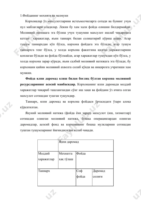 лпи даромаднинг учинчи ташқил этувчиси нореализация операцияларидан кўриладиган даромаддан иборат бўлиб, уларга асосий фаолият билан бевосита боғлиқ бўлмаган операциялар киради. хусусан, мулкни ижарага беришдан, корхонага тегишли қимматли қоғозларнинг сотилишидан кўриладиган фойда, хамкорликда фаолият юритишдан олинадиган фойда, йилида аниқланган ўтган йиллардаги даромад ва 6ошкалар шулар жумласидандир. корхона ишининг самарадорлигини оширишда ишлаб чиқариш хажмлари, махсулот сотишни кўпайтириш, унинг таннархини пасайтириш захираларини аниқлаш мухим ўрин тутади. даромад миқдорини ошириш захираларини аниқлаш йулларига таъсир кўрсатувчи омиллар турли белгиларига қараб турли тоифаларга ажратилади. ташқи омилларга табиий шароит, нархларнинг, тарифларнинг, солиқлар ва имтиёзларнинг, жарима санкцияларининг давлат томонидан бошқарилиши ва бошқалар киради. бу омиллар корхона фаолиятига боғлиқ эмас, лекин даромад салмоғига муайян даражада таъсир кўрсатади. ички омиллар ишлаб чихариш билан боғлиқ ва ишлаб чиқаришдан ташқари омилларга бўлинади. ишлаб чиқариш омиллари мехнат предметларининг мавжудлигини ва қўлланилишини, мехнат ва молиявий ресурсларни характерлаб, ўз навбатида экстенсив ва интенсив бўлиши мумкин. экстенсив омиллар фойда олиш жараёнига миқдорий ўзгаришлар: мехнат предметлари ва …