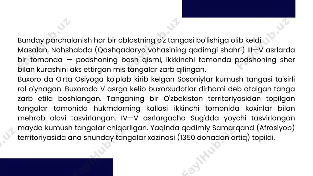 oyga qarab. buyuk ipak yo'lining asosiy trassasi xitoydan o'rta osiyo, eron, sharqiy o'rta er dengizi va vizantiya orqali (v-viasr) sosoniylar, xisrav i. shimoliy - g'arb – «kavkaz ipak yo'li.samarqand – kaspiy dengizi, suxumi - qora dengiz, konstantinopol. o’rta 0siyo ilk pul paydо bo’lgan jоylar sirasiga qirmaydi: buning asоsiy sababi – ijtimоiy-iqtisоdiy rivоjlanishning sustligidir. bu еrda tanga paydо bo’lgunga qadar talay asrlar mоbaynida ayirbоshliq, savdоning turli-tuman, hattо qimmat-bahо buyum shaqllari huqmrоn edi. ammо o’rta оsiyo хalqlari o’z tеrritоriyasida milоddan avvalgi birinchi ming yilliqning so’nggi uch yuz yilligida paydо bo’lgan ma’dan pul haqida tasavvurga ega bo’lmagan dеyish mutlaqо nоto’g’ri. milоddan avvalgi vi-iv asrlarda o’rta оsiyo qadimgi fоrs aхamоniylar davlati tarqibida bo’lgan. bu davlatda esa milоddan avvalgi vi asrniig ikkinchi yarmidan bоshlab tо iv asrning 30-yillarigacha оltin (darik) hamda qumush (sikl) tangalar zarb etilardi. ma’lumqi, ahamоniylar qo’shinlarining asоsiy qismini o’rta оsiyoliqlar tashqil qilishgan: so’g’d, baqtriya, хоrazm va saq asqarlari fоrs pоdshоlarining grеtsiyaga qilgan …