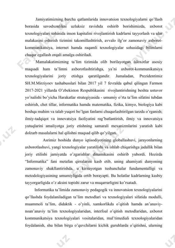nikma hosil qilish; spraytlar bilan ishlash mavzusini o'qitishda innovatsion ta'lim texnologiyalaridan foydalanish. spraytlar bilan ishlash mavzusini o'qitish bo'yicha ta'lim tashkil etish usullari kurs ishi ob’yekti va predmeti: ta’lim jarayonida scratch dastridan uzuksiz ta’lim bosqichlarida qo’llash metodikasi. boshlang'ich sinf o'quvchilariga "scratch muhitida dasturlash" mavzusini o'qitish muammosining nazariy asoslari kurs ishning tadqiqot uslubi va uslubiyoti: ilmiy ommabop manbalardan to’plangan ma’lumotlar tahlil qilib,xulosa va takliflar qilish. kurs ishi tuzilishi: bajarilgan kurs ishi kirish qismi, ikkita bob va qilingan xulosalardan iborat. ishda o’rganilishi e’tiborga olingan ma’lumotlar tushunarli ravishda ifodalash uchun chizma jadvallar va rasmlar berildi. ishga qo’yilgan maqsadga erishishi uchun to’plangan adabiyotlar manbalarning nomlari va elektron manzillari keltirildi. i-bob.ta’lim jarayonida scratch dastridan uzuksiz ta’lim bosqichlarida qo’llash metodikasi. 1.1.scratch dasturi va unda spraytlar bilan ishlash 1.2.boshlang'ich sinf o'quvchilariga "scratch muhitida dasturlash" mavzusini o'qitish muammosining nazariy asoslari scratch dasturi- bu integrallshgan muhit bo’ib, uning yordamida nafaqat mulitplikatsion kadrlarni, balki turli animatsion kadrlarni yaratish mumkin, o’yinlarni, yangi …