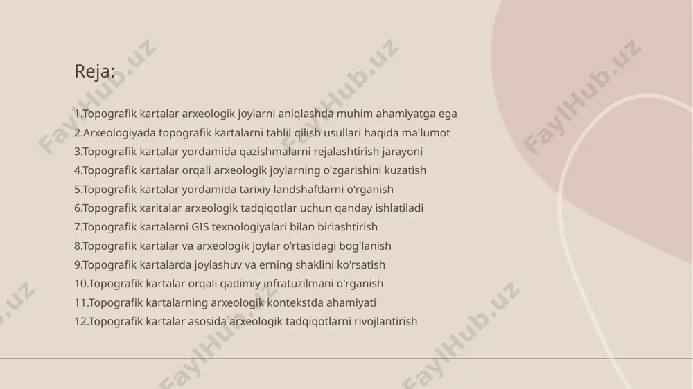 arni aniq va tez tahlil qilish imkonini beradi. topografik kartalar yordamida qazishmalarni rejalashtirish jarayoni • topografik ma'lumotlar - topografik kartalar erning sirtini aniq ko'rsatadi va qazishmalar uchun zarur bo'lgan tabiiy va insoniy manzaralarni tahlil qilish imkonini beradi. • joylashuvni aniqlash - topografik kartalar yordamida qazishmalar joylashuvi belgilanishi mumkin bu jarayon go'zalliklardan foydalanish va xavfsizlikni ta'minlashga yordam beradi. • tahlil va rejalashtirish - topografik kartalar yerning tepaliklari va quyi joylarini tahlil qilish orqali qazishmalarni rejalashtirishda muhim rol o'ynaydi. • resurslarni hisoblash - raqamli topografik kartalar yordamida er osti resurslarini aniqlash va qazishmalarni samarali tarkibda rejalashtirish mumkin. topografik kartalar orqali arxeologik joylarning o'zgarishini kuzatish • topografik kartalar tavsifi - topografik kartalar yer yuzasining balandlik va qiya chizig'ini ko'rsatadi. ular arxeologik joylarning oʻzgarishini aniqlashda muhim ahamiyatga ega. • o'zgarishlarni tahlil qilish - topografik kartalar o'zgarishlarni kuzatishda arxeologik joylarning vaqt o'tishi bilan qanday o'zgarganini tahlil qilish imkonini beradi. topografik kartalar yordamida tarixiy landshaftlarni o'rganish …