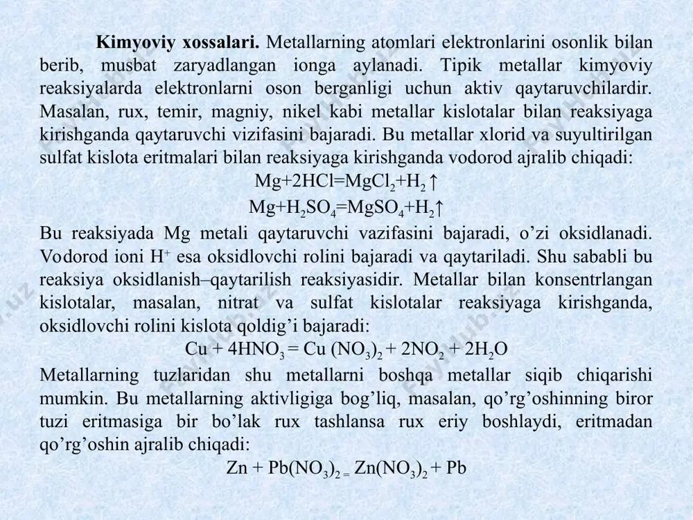 malaridan olish usullaridir. bunda ruda tarkibiga kiradigan metall dastlab mos reagentlar yordamida eritmaga o’tkaziladi, so’ngra shu eritmadan ajratib olinali. masalan, tarkibida mis (ii) oksid cuo bor mis rudasiga suyultirilgan sulfat kislota bilan ishlov berilganda mis sulfat tuzi holida eritmaga o’tadi. cuo + h2so4 = cuso4 + h2o so’ngra mis eritmadan elektroliz yo’li bilan yoki temir kukuni yordamida siqib chiqarish orqali ajratib olinadi. cuso4 + fe = cu + feso4 bu usul bilan oltin, kumush, rux, kadmiy, molibden, uran va boshqa metallar olinadi. elektrometallurgiya – metallarni elektr toki yordamida elektroliz qilib olish usuli. bu usul bilan asosan yengil metallar alyuminiy, natriy, kaliy, kalsiy kabi metallar olinadi. elektrolizdan ba’zi metallarni tozalash uchun ham foydalaniladi. tozalanadigan metalldan anod tayyorlanadi. elektroliz vaqtida anod eriydi, metall ionlari eritmaga o’tadi, katodda esa ular cho’kadi. elektrolitik toza metallar mis, kumush, temir, nikel qo’rg’oshin va boshqalar ana shunday olinadi. * 7 zamonaviy qurilishni mеtall matеriallarsiz tasavvur etib bo`lmaydi. …