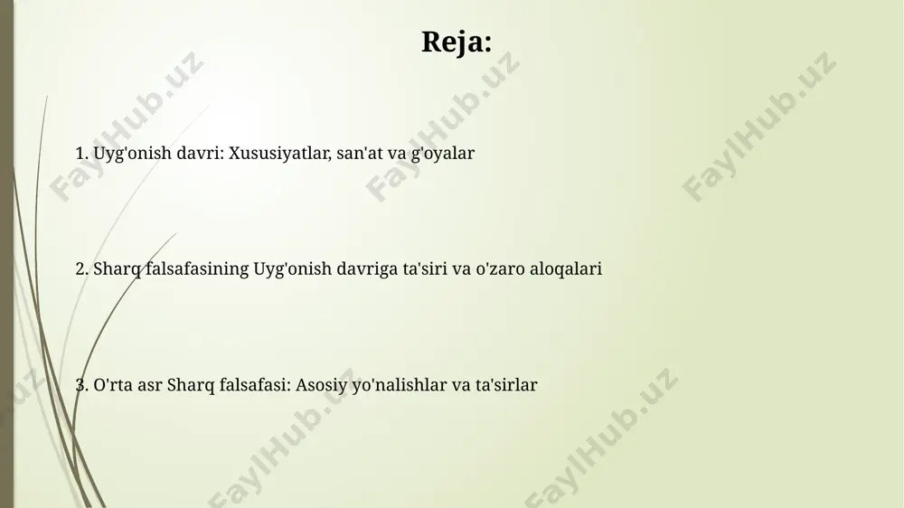 ing 70dan ortiq asarlari bunga misol bo'la oladi. uyg'onish davrining asosiy xususiyatlaridan biri gumanizm bo'lib, insonning qadr-qimmati, uning 3 asosiy qobiliyati - aql, go'zallik va ijodiy salohiyatiga e'tibor qaratadi. tasavvuf va ma'naviy izlanishlar tasavvuf ta'limotida "nafs"ni tarbiyalash va yomon xulqlardan xalos bo'lish muhim ahamiyatga ega, bu "4 daraja" orqali amalga oshiriladi: shariat, tariqat, haqiqat va ma'rifat. tasavvufning asosiy maqsadi insonning allohga bo'lgan muhabbatini oshirish va unga yaqinlashishdir, bu "fano" va "baqo" kabi 2 asosiy bosqichlardan o'tish orqali amalga oshiriladi. fanning rivojlanishi va kashfiyotlar ilm-fan rivojlanishi 14-16-asrlarda yangi uslublar yaratilishiga turtki bo'ldi, jumladan, kuzatuv va tajriba orqali empirik usullar faol qo'llanila boshladi, bu esa bilimlarning tez o'sishiga olib keldi. fan rivojlanishi va kashfiyotlar hind falsafasining davomi yoga falsafasi patanjali tomonidan miloddan avvalgi 2-asrda tartibga solingan bo'lsa-da, o'rta asrlarda jismoniy va ruhiy mashqlar orqali ozodlikka erishish yo'li sifatida mashhurligini saqlab qoldi va rivojlandi. hind falsafasining davomi sharq falsafasining uyg'onish davriga ta'siri sharq …