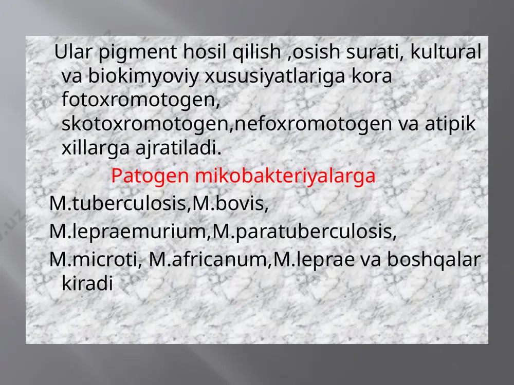 zalanib doka tamponlar oralgan tayoqchalar bilan burun ichki devoridan surtma olinadi va bir nechta buyum oynasiga bir xil qalinlikda qilib surtiladi.tekshirishning yana bir xili zararlangan teri toqimasining suyuqligidan tayyorlangan surtmalarni olishdir. dastlab teri spirt bilan artiladi songra moljallangan teri sathi qol bilan qisib turiladi va steril otkir jarrohlik pichogi bilan 5mm uzunlikda 2-3 mm chuqurlikda tilinadi.ajralgan suyuqlik skalpel yordamida qirib olinadi va buyum oynasiga surtma tayyorlanadi.toqima suyuqligi qosh peshona quloq suprasi bel va dumba sohasidagi lepromalardan olinadi.surtma sil-nilsen usulida boyaladi.ammo moxov mikobakteriyalari kislotaga chidamsiz bolganligi sababli preparatni rangsizlantirishda ehtiyotkor bolish kerak.surtma boyalganda moxov mikobakteriyalari qizil yoki pushti rangda bolib toda toda bazan esa yakka holda boladi. xulosa moxov bilan kasallangan bemorlar oila azolari bilan muloqotda bolganlar yiliga bir marta tekshirishdan otkazilishi kerak.kasallangan bemorlar asosan gigiyena qoidalariga rioya qilishlari talab etiladi.shuningdek ishlatiladigan buyumlarini ozoda tutishlari kerak .sil qozgatuvchisini ham paydo bolishida asosan sanitariya epidemiologiya jismoniy omillar muhim hisoblanadi.kasallikni oldini olishda asosan …