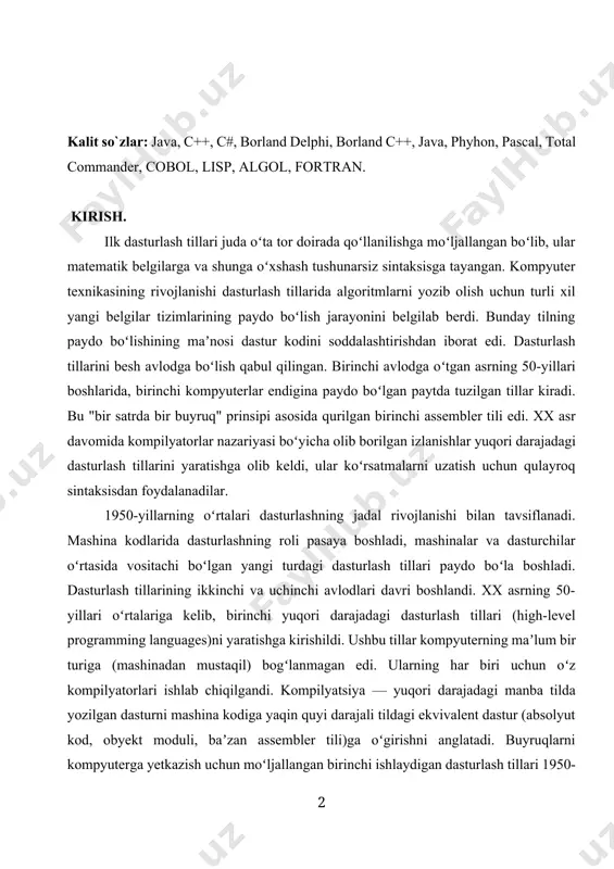 har biri uchun oʻz kompilyatorlari ishlab chiqilgandi. kompilyatsiya — yuqori darajadagi manba tilda yozilgan dasturni mashina kodiga yaqin quyi darajali tildagi ekvivalent dastur (absolyut kod, obyekt moduli, baʼzan assembler tili)ga oʻgirishni anglatadi. buyruqlarni kompyuterga yetkazish uchun moʻljallangan birinchi ishlaydigan dasturlash tillari 1950-yillarning boshlarida yozilgan. 1949-yilda taklif qilingan jon mauchlyning en:short code elektron kompyuter uchun yaratilgan birinchi yuqori darajadagi tillardan biri edi. i- bob: dasturlash tillarining asoslari 1. mashina kodlari va assembler kompyuterda dasturlash bu – kompyuter mikroprotsessori uchun turli buyruqlar berish, qachon, qayerda nimani o'zgartirish va nimalarni kiritish yoki chiqarish haqida buyruqlar berishdir. kompyuter dunyosida ko'plab dasturlash tillari mavjud bo'lib, dasturlash va unga qiziquvchilar soni ortib bormoqda. bir xil turdagi ishni bajaradigan dasturlarni basic, pascal, ci va boshqa tillarda yozish mumkin. pascal, fortran va kobol tillari universal tillar hisoblanadi, ci va assembler tillari mashi tiliga ancha yaqin tillar bo'lib, quyi yoki o'rta darajali tillardir. algoritmik til inson tillariga qanchalik yaqin …