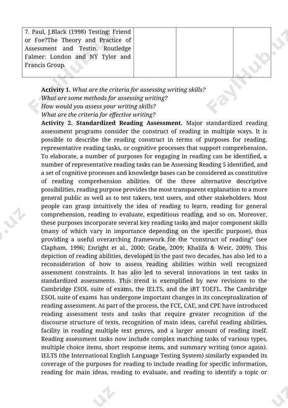 rams consider the construct of reading in multiple ways. it is possible to describe the reading construct in terms of purposes for reading, representative reading tasks, or cognitive processes that support comprehension. to elaborate, a number of purposes for engaging in reading can be identified, a number of representative reading tasks can be assessing reading 5 identified, and a set of cognitive processes and knowledge bases can be considered as constitutive of reading comprehension abilities. of the three alternative descriptive possibilities, reading purpose provides the most transparent explanation to a more general public as well as to test takers, text users, and other stakeholders. most people can grasp intuitively the idea of reading to learn, reading for general comprehension, reading to evaluate, expeditious reading, and so on. moreover, these purposes incorporate several key reading tasks and major component skills (many of which vary in importance depending on the specific purpose), …