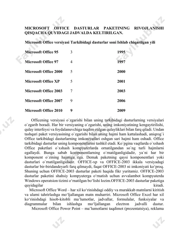 office 95 3 1995 microsoft office 97 4 1997 microsoft office 2000 5 2000 microsoft office xp 5 2001 microsoft office 2003 7 2003 microsoft office 2007 9 2006 microsoft office 2010 9 2009 officening versiyasi o`zgarishi bilan uning tarkibidagi dasturlarning versiyalari o`zgarib boradi. har bir versiyaning o`zgarishi, uning imkoniyatining kengaytirilishi, qulay interfeysi va foydalanuvchiga taqdim etilgan qulayliklari bilan farq qiladi. undan tashqari paket versiyasining o`zgarishi bilan uning hajmi ham kattalashadi, aniqrog`i office tarkibidagi dasturlarning imkoniyatlari oshgan sari hajmi ham oshadi. office tarkibidagi dasturlar uning komponentlarini tashkil etadi. ko`pgina vaqtlarda o`xshash office paketlari o`xshash kompyuterlarda ornatilgandan so`ng turli hajmlarni egallaydi. bunga sabab komponentlarning o`rnatilganligidadir, ya`ni har bir komponent o`zining hajmiga ega. demak paketning qaysi komponentlari yoki dasturlari o`rnatilganligidadir. office-xp va office-2003 ikkala versiyadagi dasturlar bir-biridandeyarli farq qilmaydi, faqat office-2003 ni imkoniyati ko‘proq. shuning uchun office-2003 dasturlar paketi haqida fikr yuritamiz. office-2003 dasturlar paketini shahsiy kompyuterga o‘rnatish uchun avvalambot kompyuterda windows …