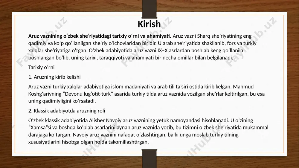 t va islohotchilik harakatlari shoirlarni aruzni yangi mazmun bilan boyitishga undadi. bu davrda aruz faqat sevgi, ishq-muhabbatni emas, balki ijtimoiy adolat, xalqning og‘ir ahvoli, milliy uyg‘onish mavzularini yoritishda ham ishlatildi. hamza hakimzoda niyoziy singari shoirlar aruz vaznida ijtimoiy-tarbiyaviy she’rlar yozgan. 3. yangi shakl va g‘oyalarni ifodalashda: xx asrning dastlabki o‘n yilliklarida aruzga erkinroq yondashuv shakllandi. masalan, shoirlar o‘sha davr ruhiga mos labbayk janrida yoki dostonlarda aruzdan foydalandilar. 4. shoirlar o‘rtasidagi mushoiralarda: aruz o‘zbek milliy she’riyatining ustun shakli sifatida mushoira va ijodiy tanlovlarda keng qo‘llanildi.aruz vazniga bo‘lgan munosabatdagi o‘zgarishlar.xx asr boshlarida yangi o‘zbek adabiyoti paydo bo‘la boshlagan sari aruzga nisbatan tanqidiy munosabat shakllana boshladi. erkin vazn va xalq she’riyatidan olingan o‘lchovlar aruzning mavqeini biroz chekladi. shunga qaramay, aruz vazni xx asr davomida, ayniqsa, adabiy an’analarni davom ettirish va milliy o‘zlikni ifodalashda muhim ahamiyatga ega bo‘lib qoldi. sho‘ro davri va aruz vaznining mavqei sho‘ro davri (1917–1991) o‘zbek adabiyoti tarixida murakkab bir davr …