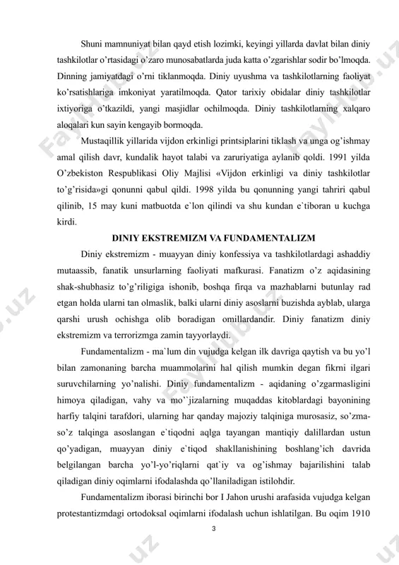 qilish mumkin degan fikrni ilgari suruvchilarning yo’nalishi. diniy fundamentalizm - aqidaning o’zgarmasligini himoya qiladigan, vahy va mo’`jizalarning muqaddas kitoblardagi bayonining harfiy talqini tarafdori, ularning har qanday majoziy talqiniga murosasiz, so’zma-so’z talqinga asoslangan e`tiqodni aqlga tayangan mantiqiy dalillardan ustun qo’yadigan, muayyan diniy e`tiqod shakllanishining boshlang’ich davrida belgilangan barcha yo’l-yo’riqlarni qat`iy va og’ishmay bajarilishini talab qiladigan diniy oqimlarni ifodalashda qo’llaniladigan istilohdir. fundamentalizm iborasi birinchi bor i jahon urushi arafasida vujudga kelgan protestantizmdagi ortodoksal oqimlarni ifodalash uchun ishlatilgan. bu oqim 1910 yildan keyin shu nom bilan atala boshlagan. fundamentalistlar xristianlikning an`anaviy aqidalariga, ayniqsa bibliyaning mutlaqo mukammalligiga ishonishni mustahkamlashni, uni so’zma-so’z sharhlashga qat`iy rioya qilishni talab qildilar. bu oqim keyinchalik amerikada keng tarqalib kеtdi. 1919 yili filadelfiyada jahon xristian fundamentalistlari assotsiatsiyasiga asos solindi. asrimizning 70-yillaridan boshlab esa, bu so’z islomga nisbatan qo’llanila boshlandi. islom fundamentalizmi zamonaviy islomdagi uch yo’nalishdan biridir (qolgan ikkitasi - traditsionalizm va modernizm). islom fundamentalizmining asosiy g’oyasi - «sof islom» printsiplariga …