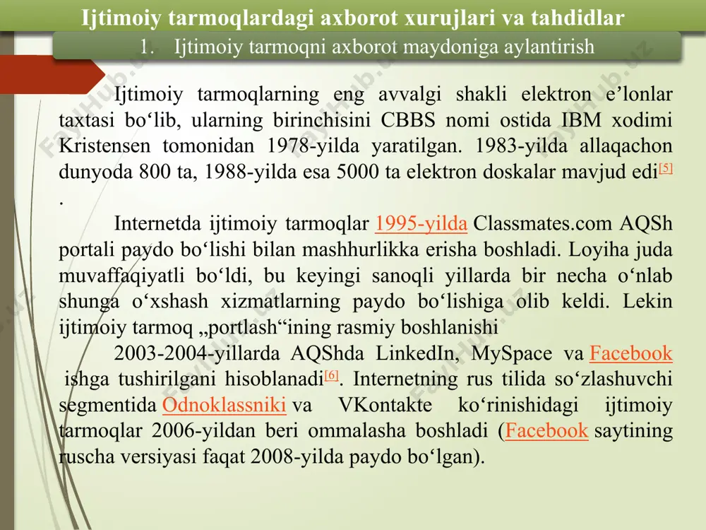 vositalari odatda bir tomondan kommunikatsiya modeliga asoslanadi. bu, ya'ni media tashkilotlari axborotni yaratadi va keng auditoriyaga tarqatadi, auditoriya faqat iste'molchi sifatida qatnashadi. ijtimoiy tarmoqlar esa ikki tomonlama kommunikatsiya modeliga asoslanadi. bu platformalarda foydalanuvchilar faqat axborotni olishmasdan, balki o'z fikrlarini bildirish, postlar yozish, baham ko'rish va boshqalar bilan muloqot qilish imkoniyatiga ega. axborotni tarqatish tezligi: an'anaviy media odatda muntazam jadvalga (masalan, yangiliklar dasturi yoki gazeta chop etilishi) tayyorlangan va bu axborot tezkor tarzda yangilanishi mumkin emas. ijtimoiy tarmoqlar esa axborotning ancha tez tarqalishini ta'minlaydi. foydalanuvchilar yangi postlarni, yangiliklarni va izohlarni bir necha soniya ichida tarqatishi mumkin. ijtimoiy tarmoqlardagi axborot xurujlari va tahdidlar 2. an'anaviy ommaviy axborot vositalar va ijtimoiy tarmoqlar axborot manbalarining ishonchliligi: an'anaviy ommaviy axborot vositalari odatda qat'iy tekshiruv va professional jurnalistika me'yorlariga amal qiladi, shu sababli ular ko'proq ishonchli va rasmiy deb hisoblanadi. ijtimoiy tarmoqlarda esa har kim o'z fikrini yoki axborotini osonlik bilan tarqatishi mumkin, bu esa noto'g'ri …