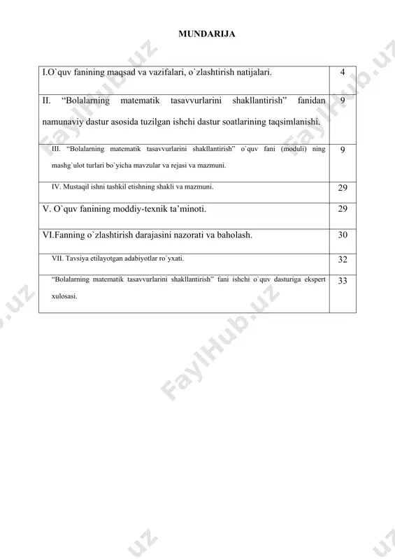 . ii.“bolalarning matematik tasavvurlarini shakllantirish” fanidan namunaviy dastur asosida tuzilgan ishchi dastur soatlarining taqsimlanishi. i-bosqich. № fanning bo`limlari va mavzular nomi umumiy yuklama, soat xamhasi darslar turi bo`yicha soatlar taqsimoti (auditoriyayuklamasi) mustaqil ish jami nazariy amaliy labaratoriyaishi seminar kurs ishi (loyixasi) i-bob. mttda matematika. i-bo’lim. kirish: 8 4 4 4 1 ta`limni modernizatsiyalash sharoitida maktabgacha ta`lim yoshidagi bolalarda matematik tasavvurlarni shakllantirish metodikasining nazariy asoslari 4 2 2 2 2 “o`zbekiston respublikasining ilk va maktabgacha yoshdagi bolalar rivojlanishiga qo`yilgan davlat talablari” va “ilk qadam” davlat o`quv dasturida bolalarga beriladigan asosiy matematik tushunchalar. 4 2 2 2 2-bo`lim.maktabgacha ta`lim tashkilotlarida matematika bo`yicha ishlarni rejalashtirish 6 4 3 1 2 3. maktabgacha ta’lim tashkilotlarida matematika bo’yicha ishlarni rejalashtirish. “elementar matematik ko`nikmalar” bo`yicha rivojlanish xaritasi. 3 2 1 1 1 4. matematika mashg’ulotlariga qo’yilgan didaktik talablar va o`qitish metodlari. 3 2 2 1 3-bo`lim. mtt-da ilk yosh guruh bolalarining matematik tasavvurlarini shakllantirish. 6 4 …
