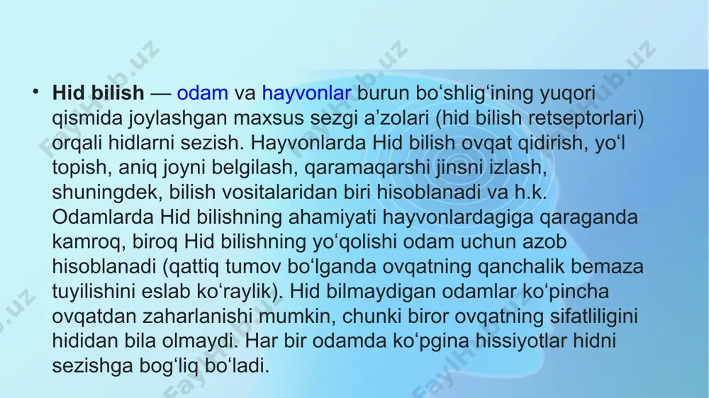 ʻlib qoladi. bir hidga boshqasi taʼsir qilgandan keyin hidlar aralashib, oʻzgacha hidga aylanishi natijasida odam hidga ortiqcha sezgir boʻlib qolishi mumkin. yosh oʻtishi bilan hid bilish ham susayadi. hid bilish ning buzilishi — hid bilmaslik (anosmiya), turli hidlarga sezuvchanlikning ortishi (giperosmiya), burun shilliq pardalari kasalliklari (tumov), bosh miya ayrim boʻlaklarining oʻsmasi va shikastlanishi baʼzi bir psixik kasalliklarda uch-raydi (bunday hollarda hid bilishga odatda hidlarni sezish gallyutsinatsiyasi qoʻshiladi). baʼzi homilador ayollarda ham hid bilmaslik holati kuzatiladi. hid bilish pasayganda yoki yoʻqolganda darhol vrachga murojaat qilish va saba-bini aniqlash zarur. hid bilish aʼzolari - odam va hayvonlarning hid sezish aʼzolari. odamda burun boʻshligʻining yuqori — orqa qismida joylashgan. talaygina sut emizuvchilar burnidagi hid bilish qismi burun boʻshligʻi suyak devorining qoʻshimcha chigʻanogʻi hisobiga kengaygan. sudralib yuruvchilar, baʼzan sut emizuvchilar burun toʻsi-gʻida hid bilish aʼzolaria.dan boshqa yakobson aʼzosi ham bor. baliqlarda hid bilish aʼzolaria. juft burun oʻyigʻi yoki qopchiqlaridan iborat boʻlib, boshida — ogʻiz …