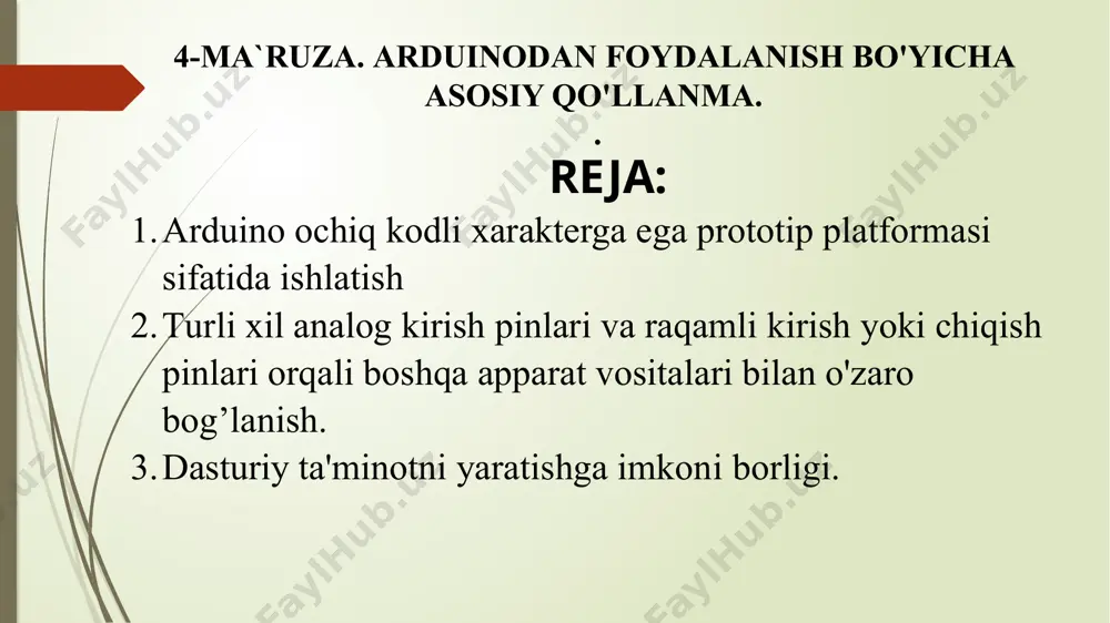 g'ri ushbu qurilmada dasturlar yoza olmaysiz. arduino-ning ko'plab versiyalari mavjud va eng mashhur va eng hujjatlashtirilgan versiyalaridan biri arduino uno hisoblanadi. biz ushbu qo'llanmada arduino uno platasidan foydalanmoqdamiz, biz qurilmalarni usb dan o'chiradigan, shuningdek, usb port orqali dasturlarni osongina yoza oladigan platadan boshlaymiz. e'tibor bering, arduino uno-dan maksimal darajada foydalanish uchun siz turli xil qalqonlarni sotib olishingiz kerak bo'ladi, bu "qalqonlar" sizga chekilgan ulanishni ta'minlash kabi asosiy plataga qo'shimcha funktsiyalarni qo'shish imkonini beradi. arduino-dan foydalanishni boshlash. 1. siz qilishingiz kerak bo'lgan birinchi narsa - avval arduino sotib olish. agar sizda allaqachon mavjud bo'lsa, to'g'ridan-to'g'ri keyingi bosqichga o'tishingiz mumkin. ushbu qo'llanmada biz arduino uno dan foydalanamiz. bu arduino-ning barcha turlarining eng "yaxshi" qatori. arduino uno elektron va asosiy kodlashda ishlatilishi mumkin va yangi boshlanuvchilar uchun juda mos keladi. arduino-ni sotib olayotganda siz rasmiy mahsulotni sotib olishingiz kerak. qalbaki mahsulotni arzonroq narxda olishingiz mumkin bo'lsa-da, siz asl mahsulot bilan bir xil sifatli …