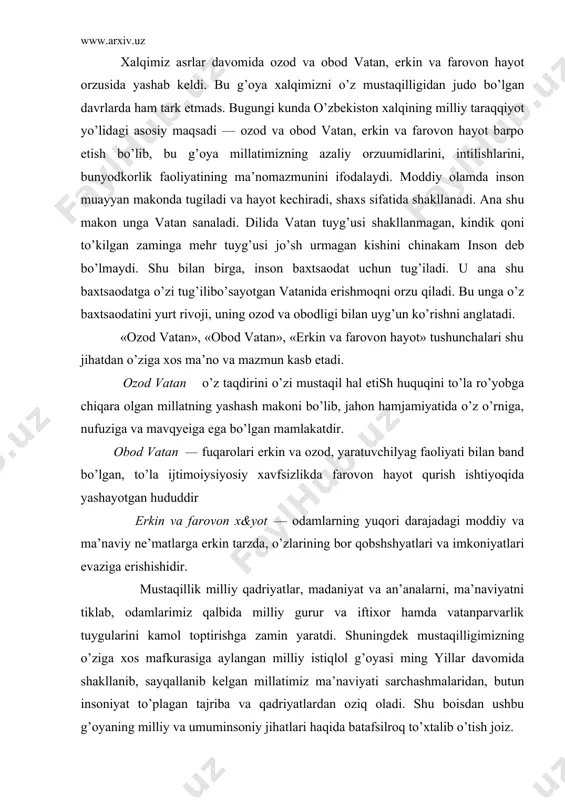 naviyatni tiklab, odamlarimiz qalbida milliy gurur va iftixor hamda vatanparvarlik tuygularini kamol toptirishga zamin yaratdi. shuningdek mustaqilligimizning o’ziga xos mafkurasiga aylangan milliy istiqlol g’oyasi ming yillar davomida shakllanib, sayqallanib kelgan millatimiz ma’naviyati sarchashmalaridan, butun insoniyat to’plagan tajriba va qadriyatlardan oziq oladi. shu boisdan ushbu g’oyaning milliy va umuminsoniy jihatlari haqida batafsilroq to’xtalib o’tish joiz. «bu sohadagi eng asosiy vazifamiz, — deb ta’kidlaydi prezident islom karimov, — milliy qadriyatlarimizni tiklash, o’zligimizni anglash, milliy roya va mafkurani shakllantirish, muqaddas dinimizning ma’naviy hayotimizdaga o’rnini va hurmatini tiklash kabi mustaqillik yillarida boshlagan ezgu ishlarimizni izchillik bilan davom ettirish, ularni yangi bosqichga ko’tarish va ta’sirchanligani kuchaytirishdir. lekin turli qarash va fikrga ega bo’lgan ijtimoiy qatlamlar, siyosiy kuch va harakatlarning o’ziga xos maqsadlarini uygunlashtiruvchi g’oya — yurt tinchligi, vatan ravnaqi, xalq manfaati barchamiz uchun birdek muqaddas bo’lishi shart. tom ma’noda mana shunday olijanob tuyg’ular milliy g’oya va milliy mafkuramizning ma’nomazmuniga, mana shu yurtda yashaydigan har qaysi …