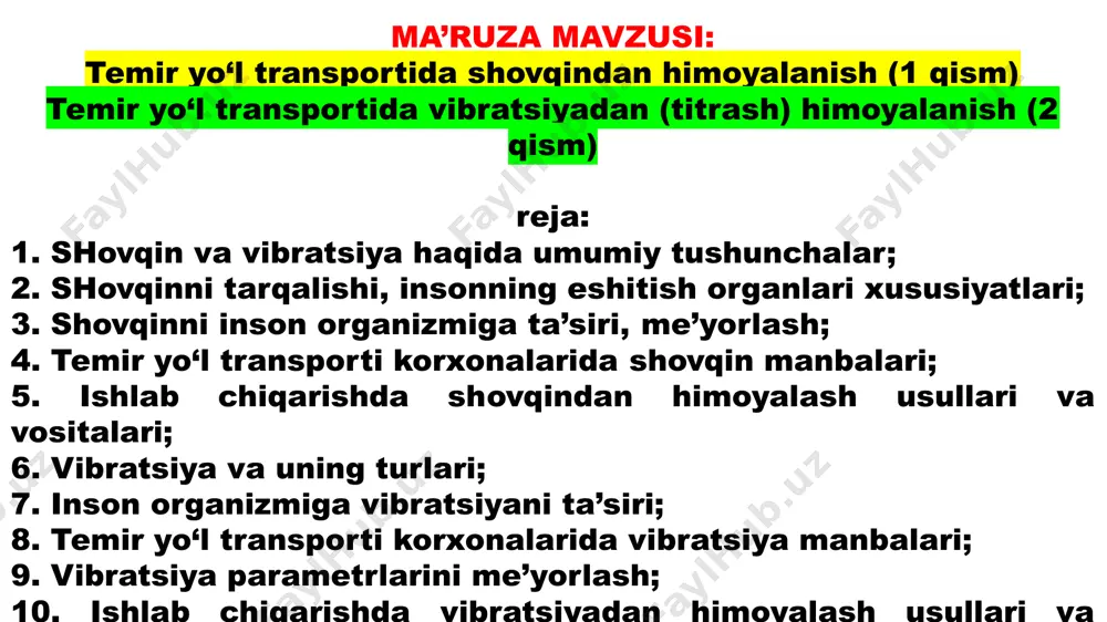 hiqgan kasalliklar 18% ximik omillar ta’sirida va zaharlanish tufayli kasallanish 20% kasb kasalliklari strukturasi tovush to’lqinlarini tashqi, o’rta va ichki quloq qismlarida tarqalish sxemasi (strelkalar bilan ko’rsatilgan) 1-nog’ora parda; 2-bolg'acha; 3-sandon; 4-uzatma; 5-doira oynacha; 6-nog’arali zinapoya; 7-chig’onoqsimon naycha; 8-kirish oldi zinapoyasi. quloq orqali tovush energiyasini uzatilish jarayoni logarifmik shkala 19-rasm. tovush chegarasini belgilovchi chiziqlar. shovqinning normalarini belgilaganda ikki usuldan foydalaniladi: 1) shovqinni chegara spektri asosida normalash; 2) shovqinni dba tovush darajasi orqali normalash. doimiy shovqinlar uchun birinchi usul asosiy normalash usuli hisoblanadi. bunda shovqin bosimi darajalari 8 oktava oraliqlarda o'rta geometrik chastotalari 63, 125, 250, 500, 1000, 2000, 4000, 8000 gs larda normalanadi. n t/r mehnat faoliyati turi, ish joyi tovush bosimi darajasi, db, oktavalarini o’rtageometrik chastotalarida, gerts tovush darajasi va tovushning ekvivalent darajasi, db(a) 31,5 63 125 250 500 1000 2000 4000 8000 1. ijodiy ish 86 71 61 54 49 45 42 40 38 50 2. ishlab chiqarishdag …