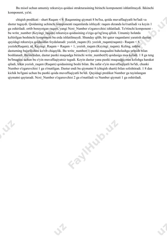 i. ortib borayotgan raqam, yangi next_number o'zgaruvchisi ishlatiladi. to'rtinchi komponent - bu write_number (keyingi_raqam) rekursiya qoidasining o'ziga qo'ng'iroq qilish. umumiy holatda keltirilgan beshinchi komponent bu erda ishlatilmaydi. shunday qilib, bir qator raqamlarni yaratish dasturi quyidagi rekursiya qoidasidan foydalanadi: yozish_raqam (8). yozish_raqam(raqam):- raqam < 8, yozish(raqam), nl, keyingi_raqam = raqam + 1, yozish_raqam (keyingi_raqam). keling, ushbu dasturning bajarilishini ko'rib chiqaylik. bu write_number(1) pastki maqsadini baholashga urinish bilan boshlanadi. birinchidan, dastur pastki maqsadga birinchi write_number(8) qoidasiga mos keladi. 1 8 ga teng bo'lmagani uchun bu o'yin muvaffaqiyatsiz tugadi. keyin dastur yana pastki maqsadga mos kelishga harakat qiladi, lekin yozish_raqam (raqam) qoidasining boshi bilan. bu safar o'yin muvaffaqiyatli bo'ldi, chunki number o'zgaruvchisi 1 ga o'rnatilgan. dastur endi bu qiymatni 8 (chiqish sharti) bilan solishtiradi. 1 8 dan kichik bo'lgani uchun bu pastki qoida muvaffaqiyatli bo'ldi. quyidagi predikat number ga tayinlangan qiymatni qaytaradi. next_number o'zgaruvchisi 2 ga o'rnatiladi va number qiymati 1 ga oshiriladi. …