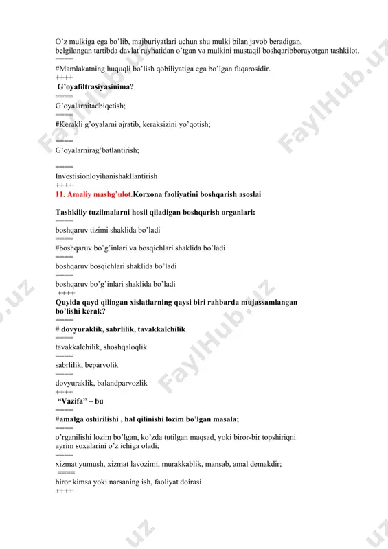 oqa, bo’linmalar yig’indisi, ularning tarkibi vao’zaro aloqa shakllari tushuniladi ++++ “vazifa” – bu ==== xizmat yumush, xizmat lavozimi, murakkablik, mansab, amal demakdir; ==== biror kimsa yoki narsaning ish, faoliyat doirasi; ==== # amalga oshirilishi , hal qilinishi lozim bo’lgan masala; ==== o’rganilishi lozim bo’lgan, ko’zda tutilgan maqsad, yoki biror-bir topshiriqni ayrim soxalarini o’z ichiga oladi; ++++ 12. amaliymashg’ulot.sanoatning maqsadli yo’nalishlari ish haqi – bu ==== ishlab chiqarilgan mahsulot uchun to’lanadigan haq. ==== #с va d javoblari ==== har bir xodimning sarflagan mehnati miqdori va sifatiga mos ravishda taqsimlanuvchi va xodim tasarrufiga pul shaklida kelib tushuvchi milliy daromadning bir qismidir. ==== ishlab chiqarilgan mahsulot (bajarilganish, ko`rsatilganxizmat) uchun to`lanadigan haqni anglatadi. ++++ foyda - bu ==== #korxona faoliyati natijasida olingan iqtisodiy samara. ==== sotilgan mahsulotning har bir so`mi qancha sof foyda keltirganini aks ettiradi. ==== korxonada 1 so`m foyda olish uchun qancha mablag’ jalb qilish talab etilishini (bu mablag’lar manbaidan qat`inazar) aks …