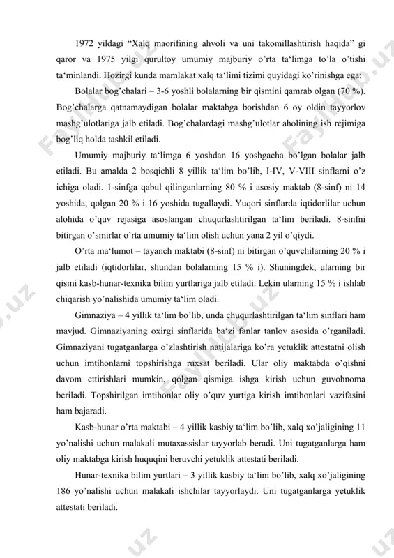 rganiladi. gimnaziyani tugatganlarga o’zlashtirish natijalariga ko’ra yetuklik attestatni olish uchun imtihonlarni topshirishga ruxsat beriladi. ular oliy maktabda o’qishni davom ettirishlari mumkin, qolgan qismiga ishga kirish uchun guvohnoma beriladi. topshirilgan imtihonlar oliy o’quv yurtiga kirish imtihonlari vazifasini ham bajaradi. kasb-hunar o’rta maktabi – 4 yillik kasbiy ta‘lim bo’lib, xalq xo’jaligining 11 yo’nalishi uchun malakali mutaxassislar tayyorlab beradi. uni tugatganlarga ham oliy maktabga kirish huquqini beruvchi yetuklik attestati beriladi. hunar-texnika bilim yurtlari – 3 yillik kasbiy ta‘lim bo’lib, xalq xo’jaligining 186 yo’nalishi uchun malakali ishchilar tayyorlaydi. uni tugatganlarga yetuklik attestati beriladi. gimnaziya va kasb-hunar maktablarining kechki va sirtqi bo’limlari ham mavjud bo’lib, hamma uchun ochiqdir. oliy o’quv yurtlari – 18 universitet, 32 institut va yana bir necha oliy maktablarni o’z ichiga oladi. boshlang’ich sinf o’qituvchilari – pedagogika bilim yurtlarida, o’rta maktab o’qituvchilari esa pedagogika institutlari va universitetlarda bayyorlanadi. shuningdek, aspirantura, doktorantura, kon‘yunktura, fanlar akademiyasi, malaka oshirish va qayta tayyorlash muassasalari faoliyat ko’rsatmoqda. …