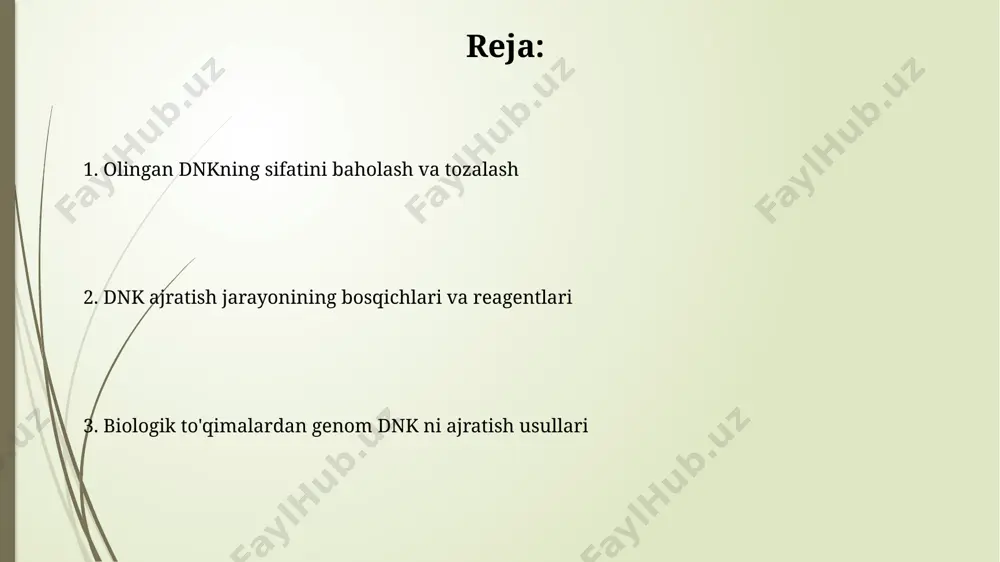 adi. lizis jarayoni va hujayra devorlarini buzish lizis jarayonida 10-20 mm edta qo'shilishi hujayra membranalarining parchalanishini tezlashtiradi va dnkazalar faolligini inhibe qiladi, natijada dnkning yaxlitligini saqlaydi. protein k yordamida 37°c da 1-2 soat inkubatsiya qilish hujayra va to'qima tarkibidagi oqsillarni parchalashga va dnkni oqsil bilan bog'lanishidan ajratishga yordam beradi. tajriba uchun zarur boʻlgan materiallar va jihozlar dastlabki materiallarni maydalash uchun homogenizator yoki mexanik toʻqimalarni maydalash vositalari (masalan, tegirmon) kerak boʻladi, bu jarayon samaradorligini oshiradi. dnkni tozalash uchun 10 dan ortiq turdagi kimyoviy reaktivlar, masalan, lizis buferlari, proteinaza k va rnkaza kabi fermentlar va etanol zarur. biologik toʻqimalardan genomik dnkni ajratib olishning ahamiyati dnkni ajratib olish, sud-tibbiyot ekspertizasida individual identifikatsiyani aniqlashda, huquqni muhofaza qilish organlari uchun muhim ahamiyatga ega bo'lgan genetik barmoq izlarini aniqlashga yordam beradi. genomik dnkni ajratish orqali 5000 dan ortiq irsiy kasalliklarni aniqlash va ularning rivojlanish xavfini baholash, oilaviy a’zolarda genetik skrining o‘tkazish imkonini beradi. dnkni saqlash va …