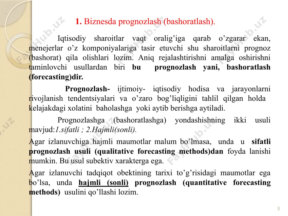 niy (irdoimiy) (iuuegular or random) yoki tasodifiy komponent deb nomlanadi. agar malumotlar har kuni yoki har chorakda yozib olinsa, qo’shimcha komponent yani mavsumiy komponent (seasonal component) kelib chiqadi. vaqtli qatorlarning klassik multiplikatli modeli ( classical multiplicative time series model) - har qanday kuzatuv ko’rsatkichlari yuqoridagi komponentlar orqali amalga oshiriladi deb takidlaydi. agar malumotlar har yilgi bo’lsa, kuzatuv yi , i- chi yil bo’lib, u quydigi tenglama (4.1.) orqali ifodalandi: har yilgi malumotlar uchun vaqtli qatorlarning klassik multiplikatli modeli yi = ti* ci *ii (4.1.) bu erda – ti –trend ko’rsatkichi , ci- tsiklli komponentning qiymati,ii – chi yil uchun tasodifiy komponent qiymati. 6 2.1.jadval. vaqtli qatorlarga tasir etuvchi omillar (faktorlar). komponent turi aniqlanishi sababi davomiyligi trend tizimli (sistemali) uzoq vaqtli o’suvchi yoki pasayuvchi malumotlar tasvirlanadi texnologiyalarning, aholining, turmush darajaning va bozor narxlarining o’zgarishi bir necha yil mavsumiy tizimli (sistemali) har yili namoyon bo’ladigan doimiy o’zgaruvchilarni aniq tasvirlaydi ob-havo sharoiti, ijtimoiy …