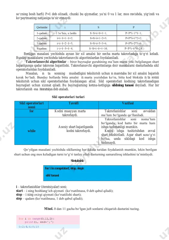 ga qadar fanga oid mavzularni qayta-qayta o‘qishiga, testga tayyorlanishiga to‘g‘ri kelsa, 9!=1*2*3*4*5*6*7*8*9 ifodani hisoblash uchun esa 8 marta ko‘paytirish amalini bajarishga to‘g‘ri keladi. bunday jarayonlar uchun algoritmlar tuzishda takrorlanuvchi algoritmlardan foydalaniladi. takrorlanuvchi algoritmlar “i=i+1”, “s=s+i” yoki “p=p*i” ko‘rinishidagi ko‘rsatmalarning ishtiroki bilan ajralib turadi (* – ko‘paytirish amali). bunday ko‘rsatmalarning mohiyatini tushunish uchun takrorlanishning bir nechta qadamini ko‘rib chiqish lozim. odatda, yig‘indi uchun boshlang‘ich qiymat (inglizchadan summ, ya’ni yig‘indi ma’noli so‘zning bosh harfi) s=0 va ko‘paytma uchun (inglizchadan product, ya’ni ko‘paytma ma’noli so‘zning bosh harfi) p=1 deb olinadi, chunki bu qiymatlar, ya’ni 0 va 1 lar, mos ravishda, yig‘indi va ko‘paytmaning natijasiga ta’sir etmaydi: berilgan masalani yechishda aynan bir xil amalni bir necha marta takrorlashga to‘g‘ri keladi. bunday masalalarni yechishda takrorlanuvchi algoritmlardan foydalaniladi. takrorlanuvchi algoritmlar – biror buyruqlar guruhining ma’lum marta yoki belgilangan shart bajarilgunga qadar takroran bajarilishi. takrorlanuvchi algoritmlarga doir masalalarni dasturlashda sikl operatorlaridan foydalaniladi. masalan, n ta sonning musbatligini …
