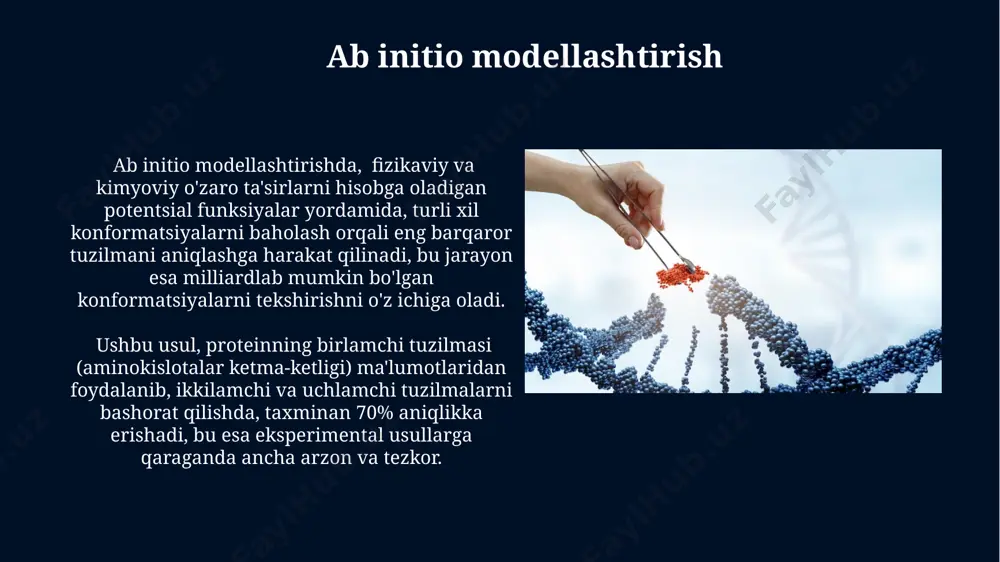 horat qilish gen funksiyasini bashorat qilishda mashina o'rganish algoritmlari, masalan, 70% aniqlik bilan, oqsil-gen ketma-ketliklarining homologiyasiga asoslangan holda, funksiyani taxmin qila oladi. genning funksiyasi uning 3d tuzilishi va oqsil-oqsil o'zaro ta'siriga bog'liq bo'lib, bu tahlil qilish orqali taxminan 85% ishonchlilik bilan aniqlanishi mumkin. prognozlash dasturlari va vositalari prognozlash dasturlari, gen ketma-ketligini hisobga olgan holda, transkripsiya omillari bog'lanish joylarini aniqlashda 70-80% aniqlikka erishadi va gen ekspressiyasini bashorat qiladi. rosettafold kabi vositalar, oqsil zanjiri ketma-ketligini tahlil qilish orqali, taxminan 1000 aminokislotadan iborat oqsil tuzilmasini prognoz qilishga qodir. gomologiya modellashtirish gomologiya modellashtirishda ma'lum bir oqsilning 3d strukturasini bashorat qilish uchun 70% dan yuqori ketma-ketlik o'xshashligiga ega bo'lgan gomologik strukturadan foydalaniladi. gomologiya modellashtirish algoritmlari, tarkibida 1000 dan ortiq aminokislotalar bo'lgan katta oqsillar uchun ham nisbatan aniq natijalar bera oladi. genlarning transkripsiyasi va translyatsiyasi translyatsiya jarayonida mrnkdagi kodonlarga mos keladigan trna molekulalari 61 ta turdagi aminokislotalarni ribosomalarga yetkazib beradi va shu orqali polipeptid zanjiri hosil …