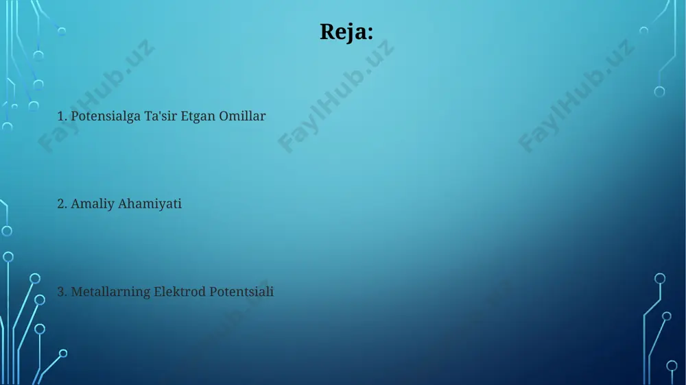 ishi bilan nernst tenglamasiga muvofiq o'zgaradi, masalan, 25°c da 1 birlik ph o'zgarishi 0.059 v ga teng potentsial farqini keltirib chiqaradi. metallarning elektrod potentsialining amaliy ahamiyati metallurgiyada, 200°c dan yuqori haroratlarda metallarning elektrod potentsialini hisobga olish, elektrokimyoviy qayta ishlash jarayonlarini optimallashtirish va samaradorligini oshirish uchun zarur. metallarning elektrod potentsiali korroziya jarayonlarini bashorat qilish va ularning tezligini aniqlashda muhim ahamiyatga ega bo'lib, -0,76 v dan past potentsialga ega metallar yuqori korroziyaga moyil. metallarning elektrod potentsialiga kompleks hosil bo'lish ta'siri metallarning elektrod potentsialining qiymati kompleks hosilalarning barqarorlik konstantasiga (kst) bog'liq bo'lib, kst ning yuqori qiymatlari potentsialni 0,059/n v ga kamaytiradi. ligandlarning metall ionlari bilan hosil qilgan komplekslarining turg'unlik darajasi elektrod potentsialining o'zgarishini 100 mv dan 500 mv gacha o'zgartirishi mumkin, bu esa standart potentsialdan sezilarli farqni keltirib chiqaradi. metallarning elektrod potentsialiga temperatura ta'siri 100°c dan yuqori haroratlarda ba'zi metallarning elektrod potentsiali sezilarli darajada o'zgarib, 0,05 v dan ortiq farq qilishi mumkin, bu …
