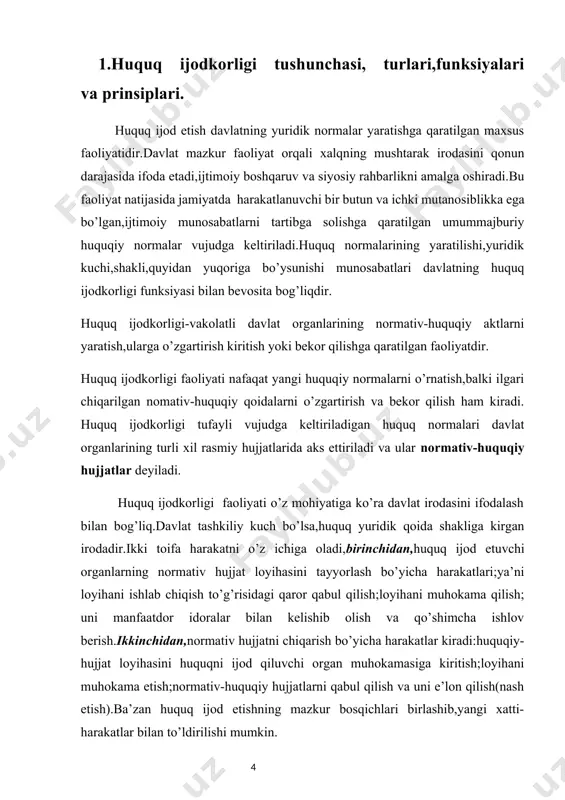 v hujjat loyihasini tayyorlash bo’yicha harakatlari;ya’ni loyihani ishlab chiqish to’g’risidagi qaror qabul qilish;loyihani muhokama qilish; uni manfaatdor idoralar bilan kelishib olish va qo’shimcha ishlov berish.ikkinchidan,normativ hujjatni chiqarish bo’yicha harakatlar kiradi:huquqiy-hujjat loyihasini huquqni ijod qiluvchi organ muhokamasiga kiritish;loyihani muhokama etish;normativ-huquqiy hujjatlarni qabul qilish va uni e’lon qilish(nash etish).ba’zan huquq ijod etishning mazkur bosqichlari birlashib,yangi xatti-harakatlar bilan to’ldirilishi mumkin. huquq ijodkorligi turlari: 1.xalqning bevosita huquq ijodkorligi.xalq tomonidan amalga oshiriladigan huquq ijodkorligining eng yorqin ifodasi referendum-davlat va jamiyat hayotining o’ta muhim masalalari bo’yicha umumxalq ovoz berishidir.referendum huquq ijod etishning alohida shakli sifatida xalqning o’z irodasini bevosita bayon etishidir.bu huquqiy normalar yaratishning o’ta nufuzli turi bo’lib,referendum natijalari davlat hokimiyat organlarining biron-bir tarzdagi tasdiqlashiga muhtoj emas.referendum yo’li bilan qabul qilingan hujjat mamlakat hududida oliy yuridik kuchga ega bo’ladi va faqat referendum orqali bekor qilinishi yoki o’zgartilishi mumkin(o’zbekiston respublikasi “referendum to’g’risida”gi qonunning 1-moddasi).u qat’iy irodaviy mazmundagi siyosiy-yuridik institutdir.mohiyatiga e’tibor bersak,referendum davlatning u yoki bu qarorini xalq …