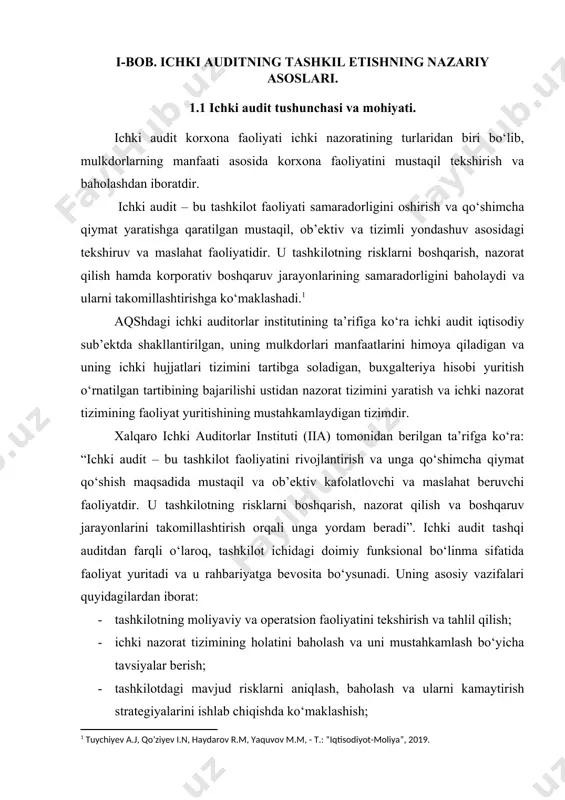 i hujjatlari tizimini tartibga soladigan, buxgalteriya hisobi yuritish o‘rnatilgan tartibining bajarilishi ustidan nazorat tizimini yaratish va ichki nazorat tizimining faoliyat yuritishining mustahkamlaydigan tizimdir. xalqaro ichki auditorlar instituti (iia) tomonidan berilgan ta’rifga ko‘ra: “ichki audit – bu tashkilot faoliyatini rivojlantirish va unga qo‘shimcha qiymat qo‘shish maqsadida mustaqil va ob’ektiv kafolatlovchi va maslahat beruvchi faoliyatdir. u tashkilotning risklarni boshqarish, nazorat qilish va boshqaruv jarayonlarini takomillashtirish orqali unga yordam beradi”. ichki audit tashqi auditdan farqli o‘laroq, tashkilot ichidagi doimiy funksional bo‘linma sifatida faoliyat yuritadi va u rahbariyatga bevosita bo‘ysunadi. uning asosiy vazifalari quyidagilardan iborat: · tashkilotning moliyaviy va operatsion faoliyatini tekshirish va tahlil qilish; · ichki nazorat tizimining holatini baholash va uni mustahkamlash bo‘yicha tavsiyalar berish; · tashkilotdagi mavjud risklarni aniqlash, baholash va ularni kamaytirish strategiyalarini ishlab chiqishda ko‘maklashish; · moliyaviy hisobotlarning ishonchliligi va qonunchilikka muvofiqligini baholash. ichki audit jarayonining samaradorligi, eng avvalo, auditorlarning malakasi, mustaqilligi va axloqiy me’yorlarga rioya qilishi bilan bog‘liq. …