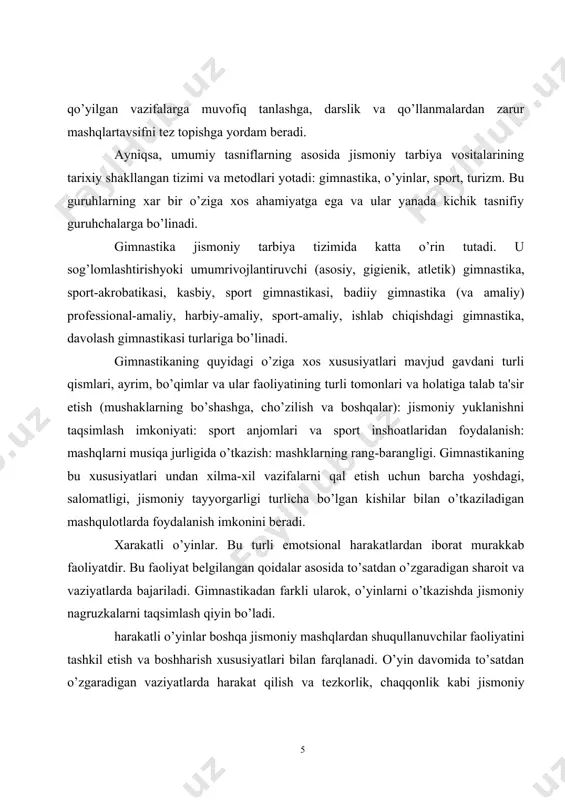 ori natijaga erishishga haratilganligi bilan tavsiflanadi, kishining ma'naviy va jismoniy kuchlariga yuksak talablar qo’yadi. shuning uchun u muayan yosh bosqichning rivojlanish darajasidagina qo’llash mumkin. bu esa jismoniy tayyorgarlik soqligiga muvofiq sharoitnini talab qiladi. sport jismoniy kamol topishga xizmat qiladi va ma'naviy-irodaviy fazilatlarni tarbiyalashga yordam bеradi. shuning uchun sport bilan shuqullanish ayniqsa, kishi organizmining hamda inson shaxsining shakllanish davrida foydalidir. jismoniy maqorati shakllantirish va jismoniy tarbiyaning xilma-xil vazifalarini qal etish maqsadida o’quvchilar bilan ishlashda turli gimnastika mashqlari (sarflanish umumrivojlantiruvchi mashqlar). buning natijasida jismoniy mashqlarva kеyingi yosh bosqichlarida xilma-xil sport turlari bilan shuqullanish uchun zamin yaratiladi. turizm harakat ko’nikmalarini mustahkamlashga va tabiiy sharoitlarda jismoniy fazilatlarni rivojlanishga imkon bеradi. maktabda bolalar bilan turli harakat usullaridan foydalangan holda (piyoda yurish vеlosipеdda yurish va boshqalar) shahar tashharisiga sayrlar uyushtiriladi. sayr choqida yo’l-yo’lakay turli mashqlarni bajarish mumkin (masalan, to’nkalardan sakrash, arqonchalardan sakrab o’tish, arhamchidan sakrash, koptok bilan bajariladigan mashqlar, harakatli o’yinlar va boshqalar), jismoniy mashqlarni ochiq …