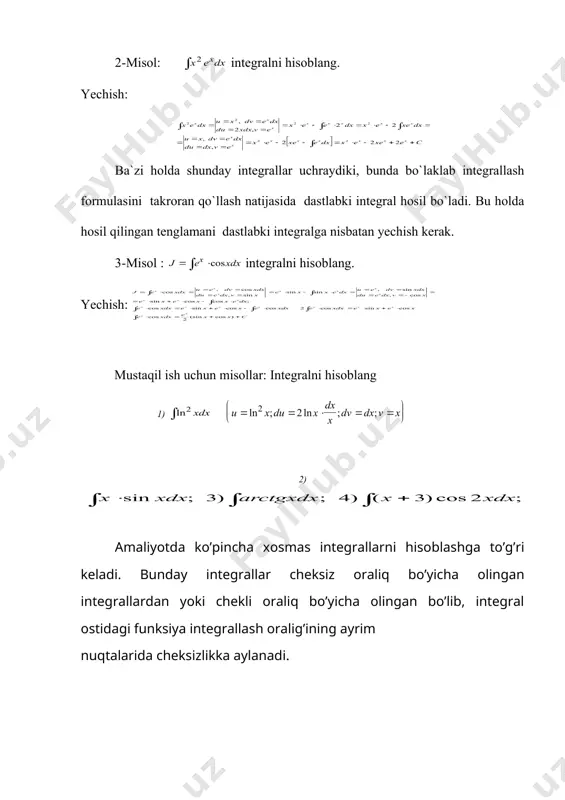 lash uchun emas, balki integral ostidagi funksiya chegaralangan, lekin kerakli tartibli hosilalari chegaralanmagan hol uchun ham qo’llash mumkin. bunday holda kvadratur formulalarning katta xatoga ega bo’lishlarini ularning qoldiq hadlarining qiymatlaridan bilish mumkin. maxsuslikni susaytirish usullari ko’pincha integral ostidagi funksiya aniq integrallanuvchi va yetarlicha silliq funksiyalar yig’indisi ko’rinishida yozishga imkon beradi. foydalanilgan adabiyotlar: 1. соболев с.л. введение в теорию кубатурных формул. –м.: «наука». -2004. 2. никольский с.м. квадратурные формулы. 2-е изд. –м.: «наука». -1992г. 3. крылов в.н. приближённые вычисления интегралов. –м.: «наука». -1997г. 4. коробов н.м. теоретика – числовые методы в приближённом анализе. –м.: физматгиз. -1993г. 5. лануош к. практические методы прикладного анализа. –м.: физматгиз. -1991г. 6. ермаков с.м. методы монте-карло и сменные вопросы. 2-е доп. изд. –м.: «наука». -2009г. 7. қобулов в.к. функционал анализ ва ҳисоблаш математикаси. –т.: “ўқитувчи”. -1976й. 8. исроилов м.и. ҳисоблаш методлари. –т.: “ўзбекистон”. -2203й. 9. шодиметов х.м. введение в теорию квадратурных формул. –т.: фан. -2005й. 10. …